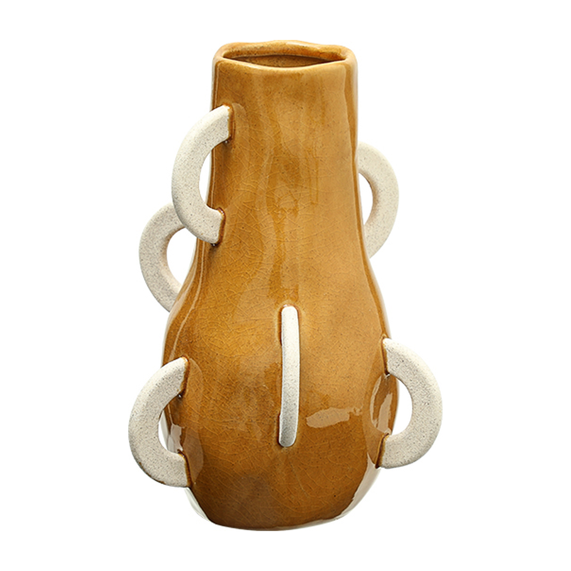 Jarrón decorativo de cerámica color ocre con asas y detalles en blanco, estilo moderno, 31 cm de