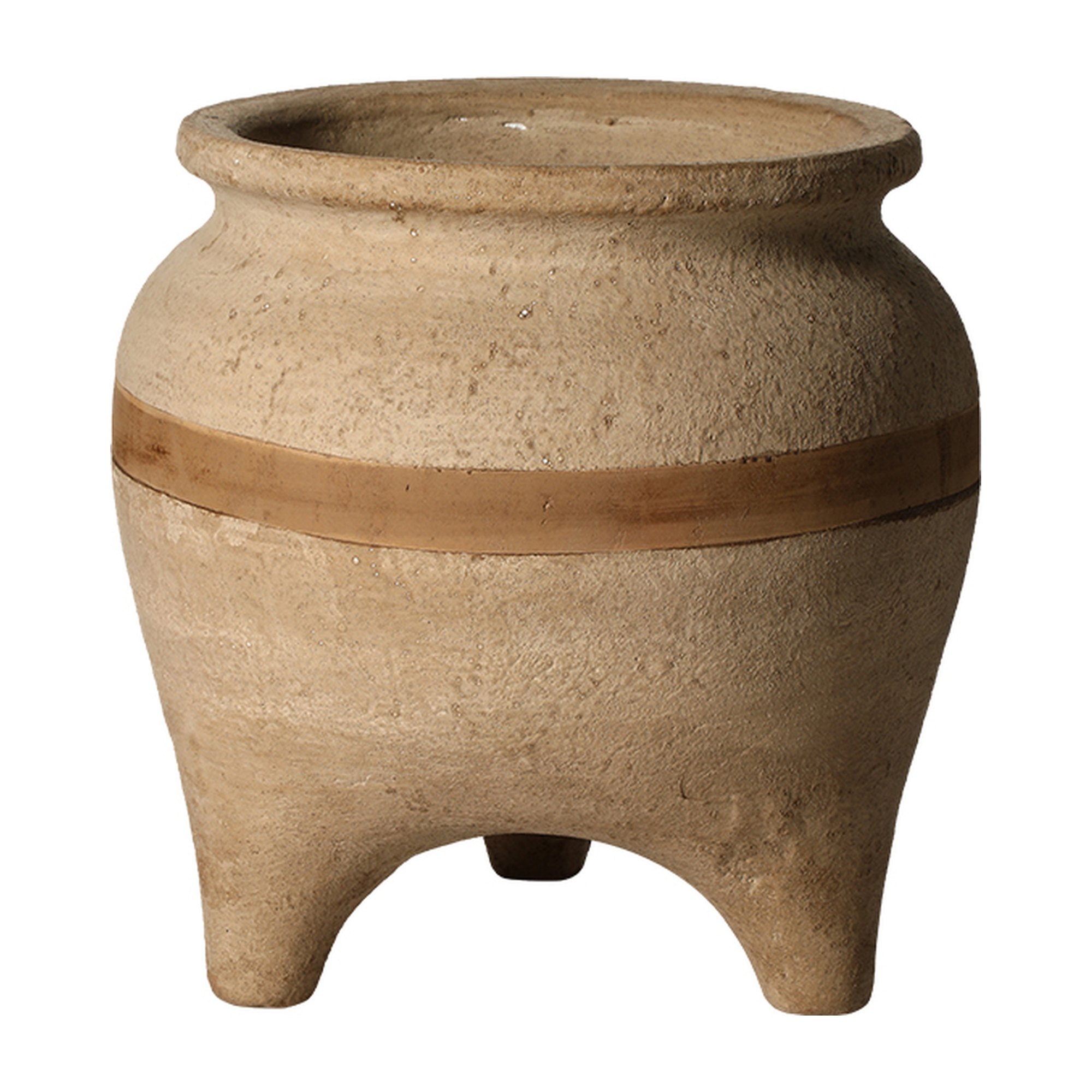 Jarrón decorativo de cerámica beige rústica con banda central y patas, ideal para interiores