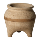 Jarrón decorativo de cerámica rústica con textura, banda marrón y patas, 18 cm de alto, vista