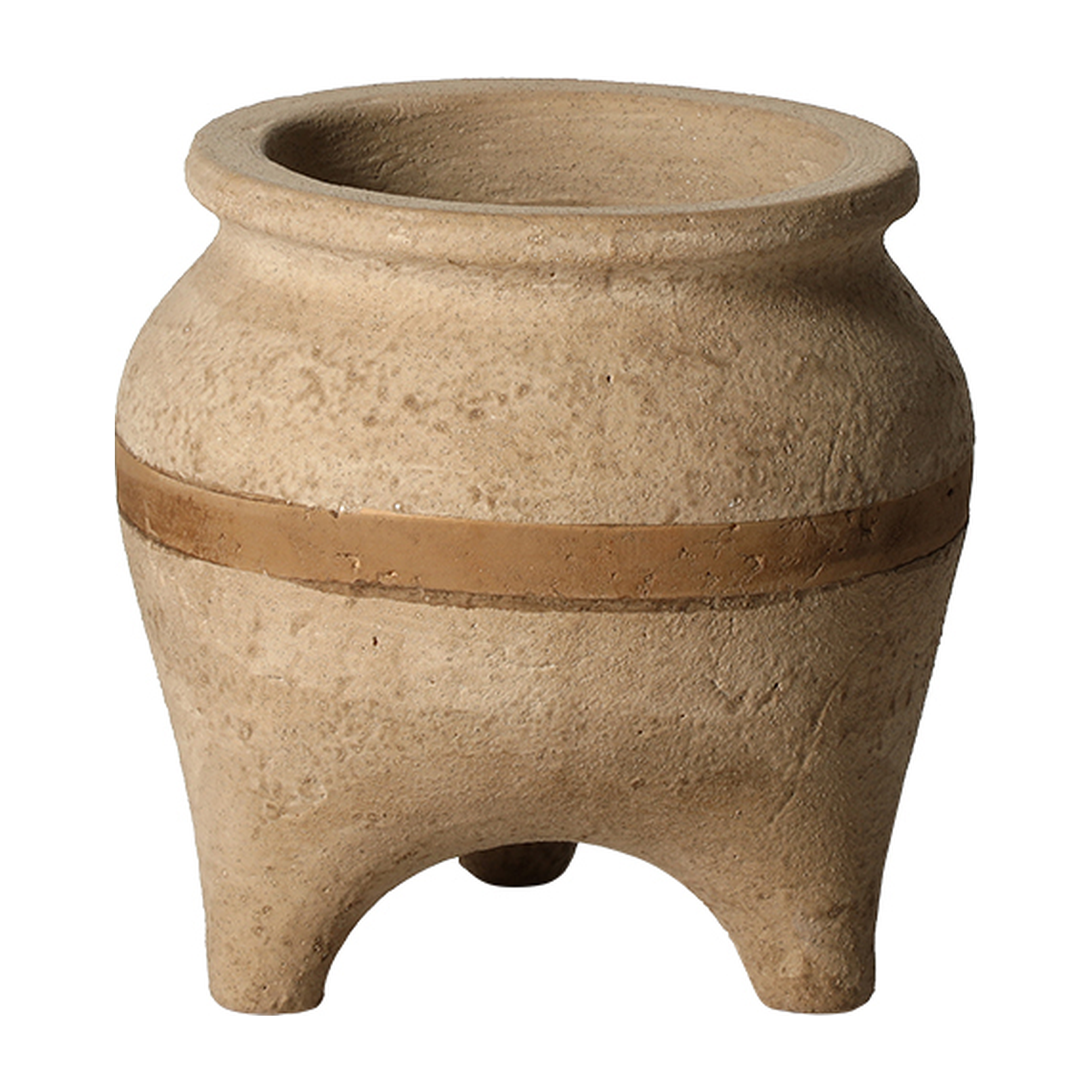 Jarrón decorativo de cerámica rústica con textura, banda marrón y patas, 18 cm de alto, vista