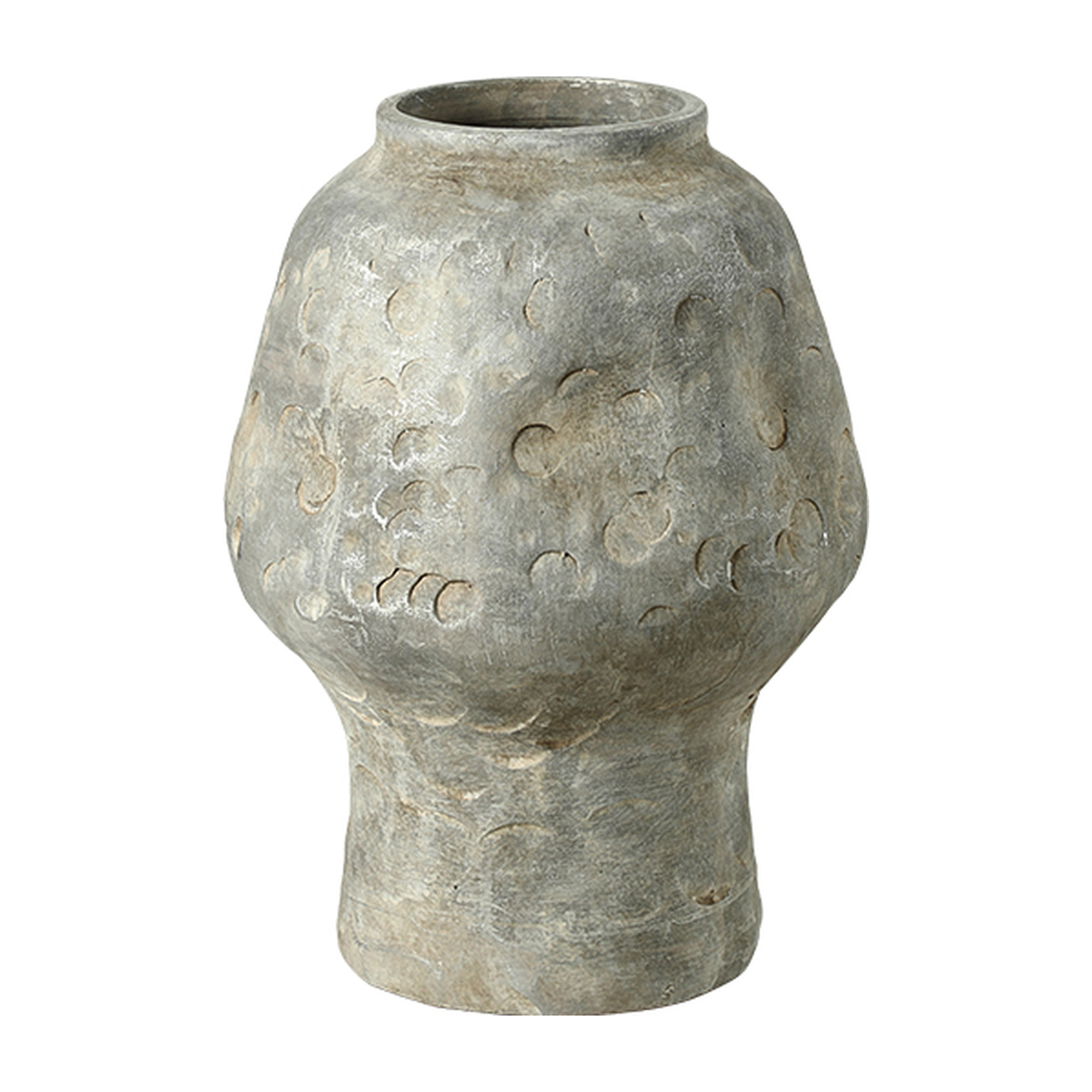 Jarrón decorativo de cerámica gris con textura rústica y relieves circulares, 31 cm de alto, sobre