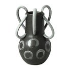 Jarrón decorativo de cerámica negro mate con cuatro asas estilizadas y círculos blancos pincelados