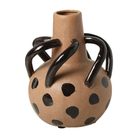 Jarrón decorativo de cerámica color marrón claro con patrón de puntos negros, asas curvas y cuello