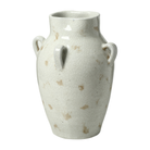 Jarrón decorativo de cerámica beige claro craquelada con asas laterales, estilo rústico y elegante