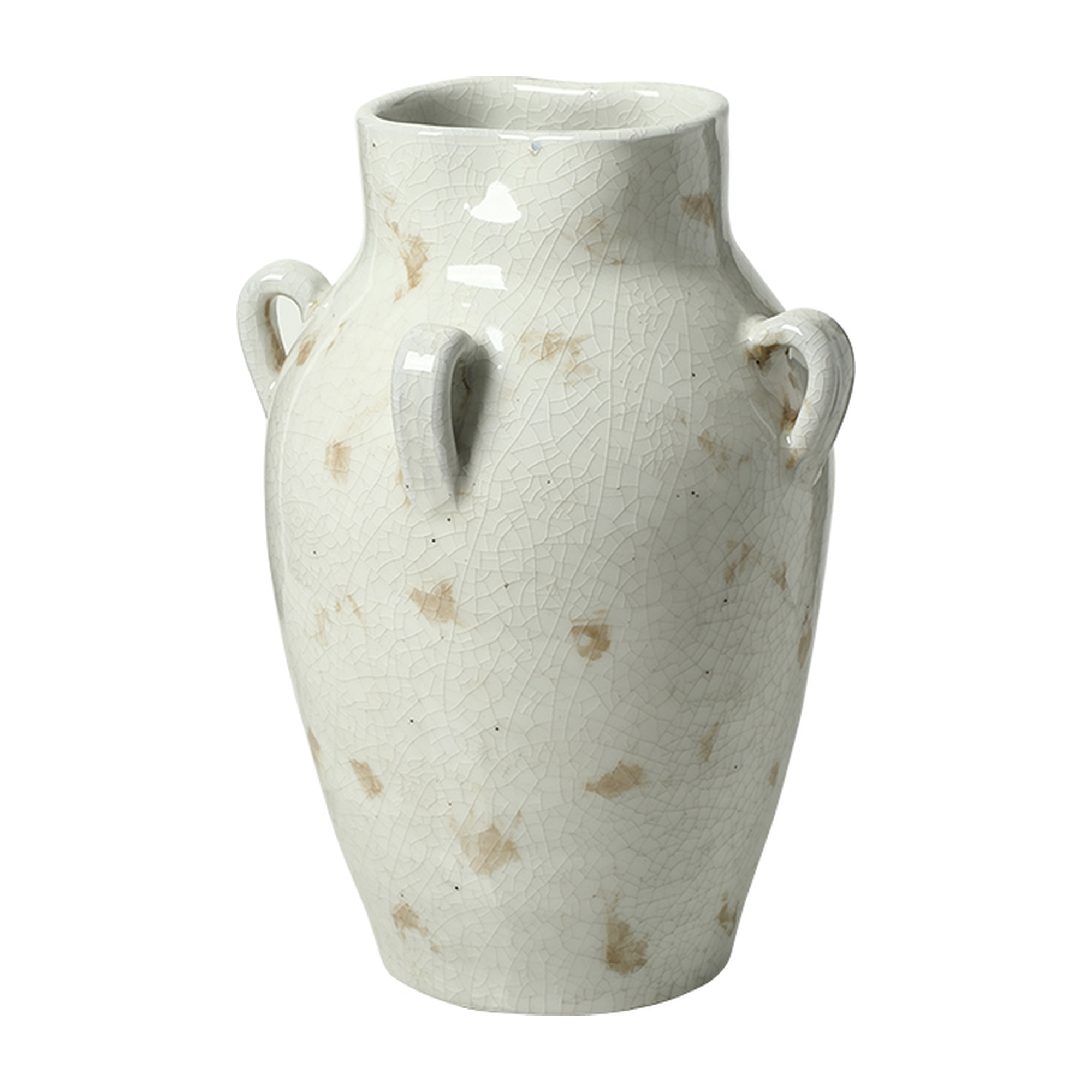 Jarrón decorativo de cerámica beige claro craquelada con asas laterales, estilo rústico y elegante