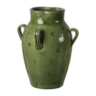 Jarrón decorativo de cerámica craquelada en tono verde olivo con asas laterales, 29 cm de alto.