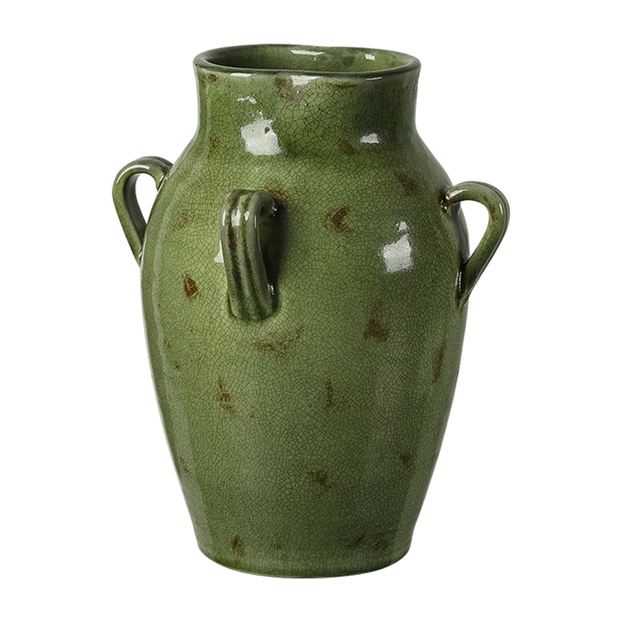 Jarrón decorativo de cerámica craquelada en tono verde olivo con asas laterales, 29 cm de alto.