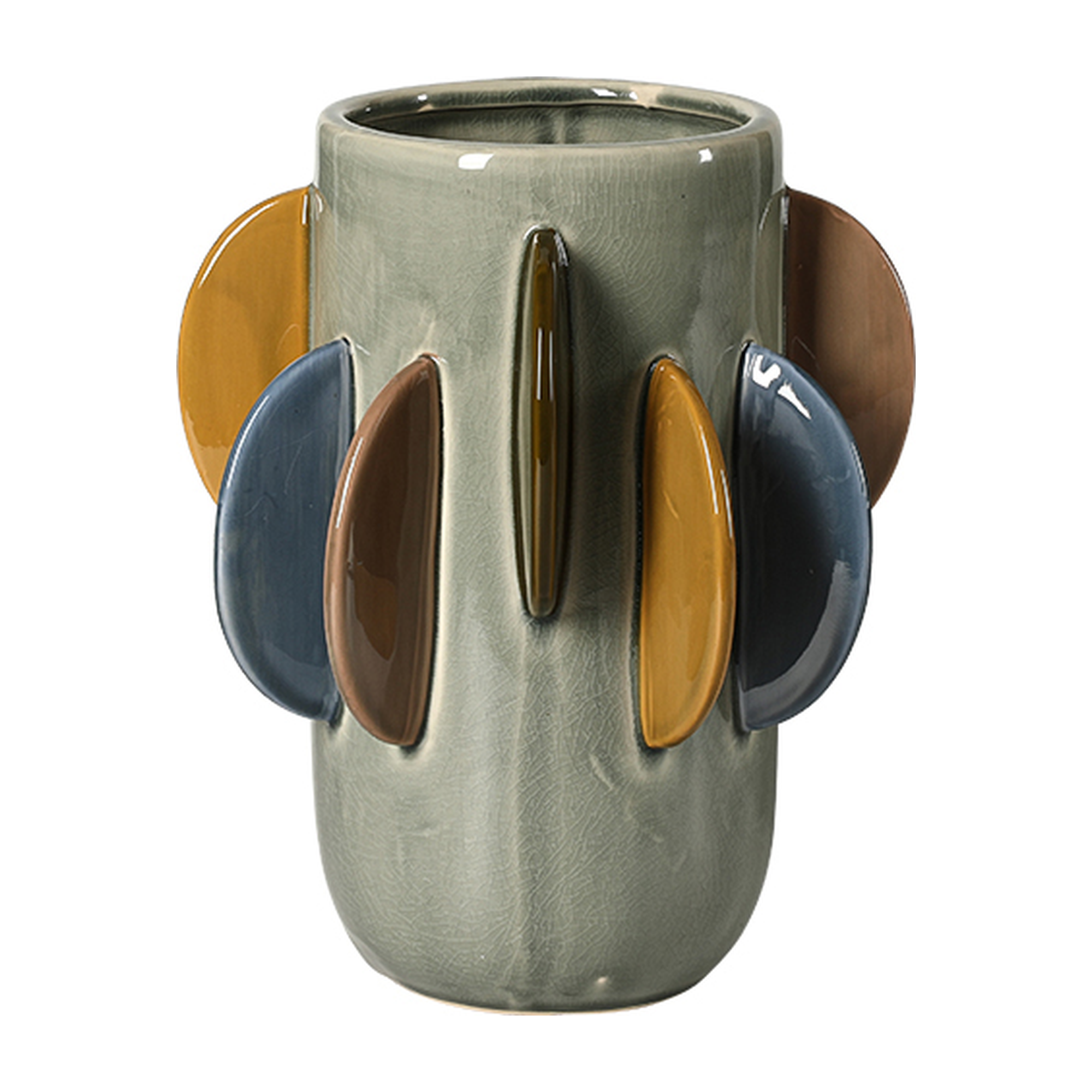 Jarrón decorativo de cerámica gris con detalles semicirculares en tonos mostaza, azul oscuro y
