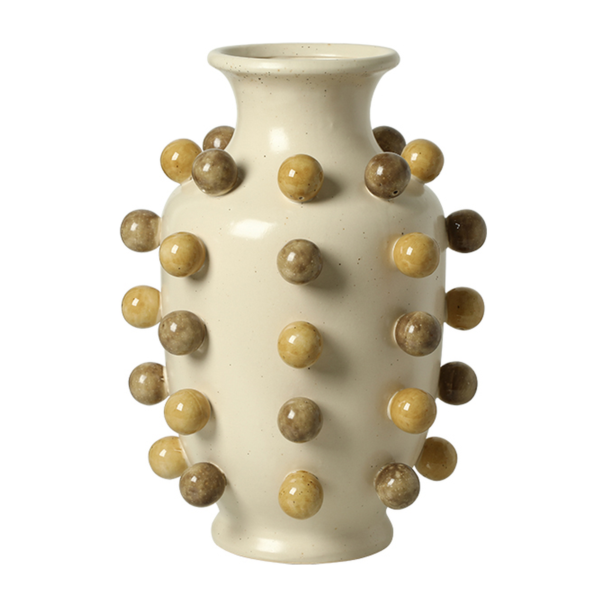Jarrón decorativo de cerámica color crema con esferas beige y marrón en relieve, de 39 cm de alto