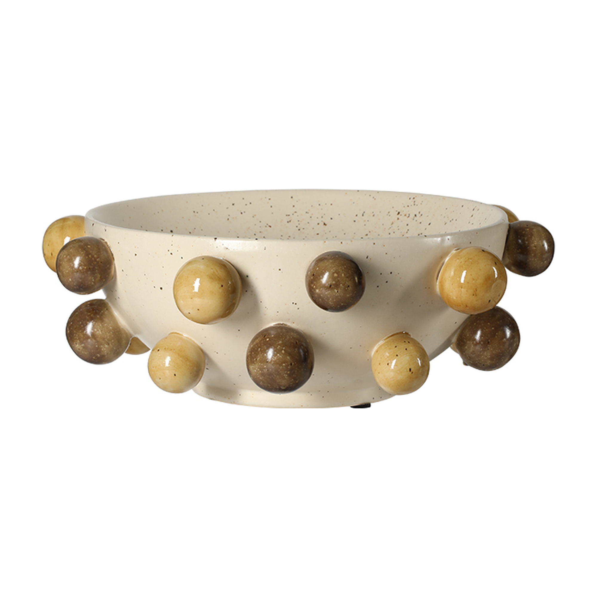 Bowl decorativo de cerámica beige con motas marrones y puntos elevados en tonos beige claro y