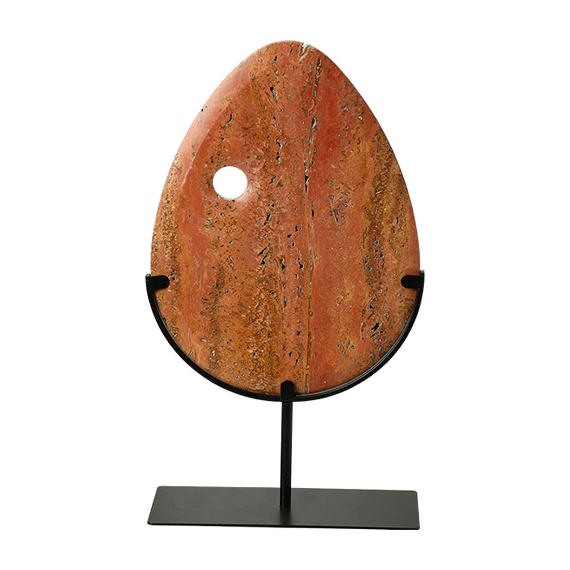 Escultura decorativa de mármol travertino rojo con veteado natural, forma orgánica y orificio