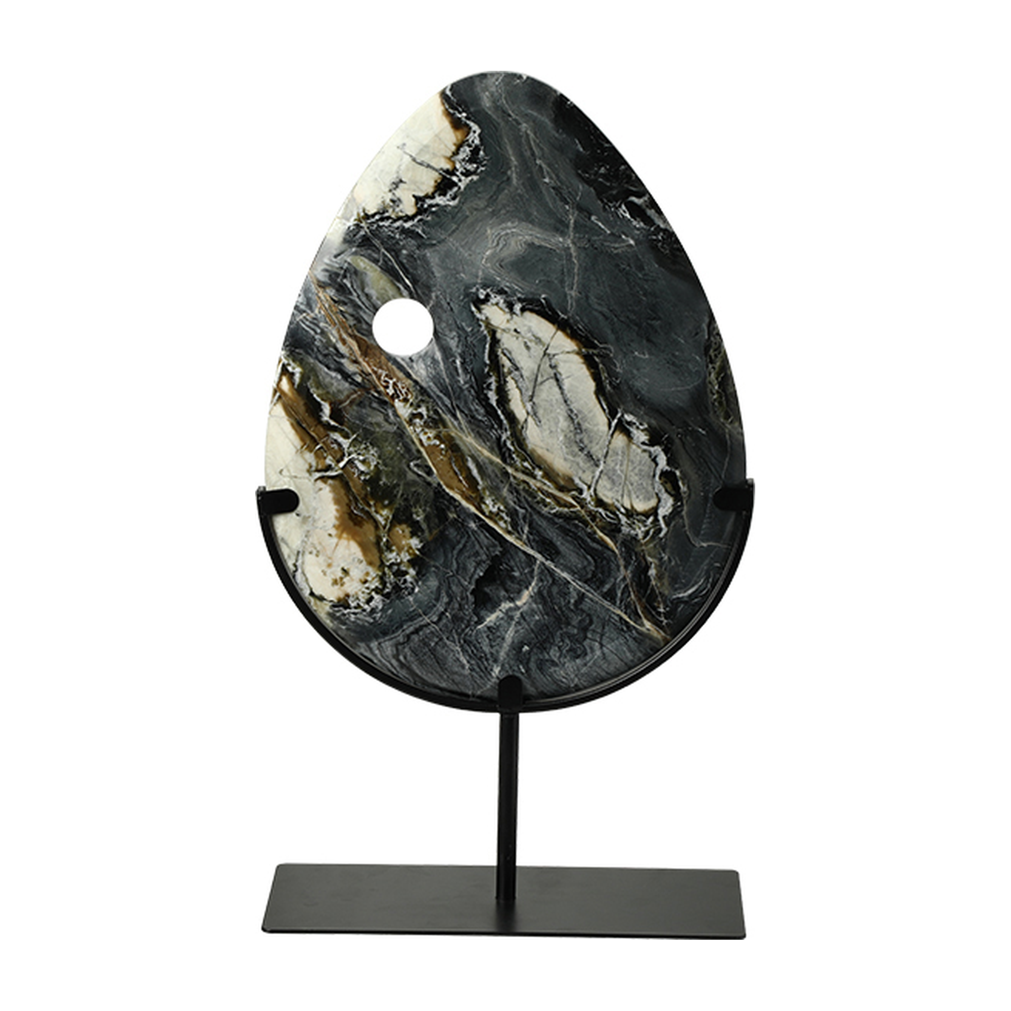 Escultura decorativa de mármol negro veteado con detalles blancos y dorados, sobre una base
