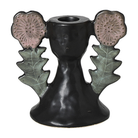 Candelabro decorativo de cerámica negra con detalles florales rosados y hojas verdes, base sólida