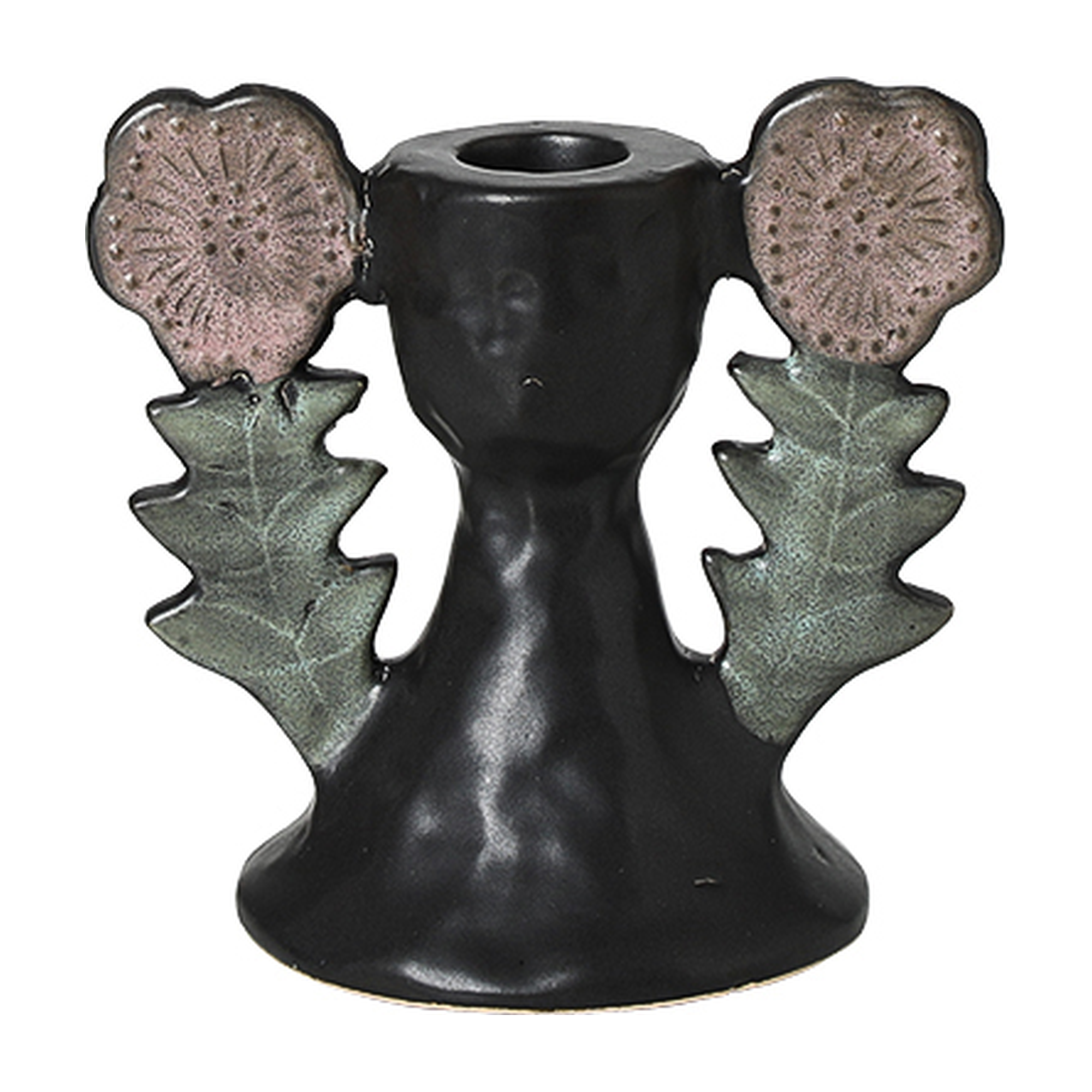 Candelabro decorativo de cerámica negra con detalles florales rosados y hojas verdes, base sólida