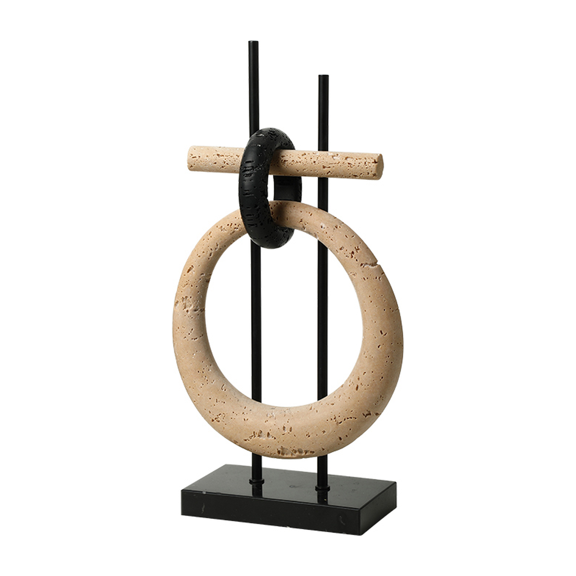 Escultura decorativa abstracta de mesa con anillos en resina beige, negro y base de mármol negro.