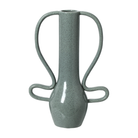 Jarrón decorativo de cerámica gris verdoso con textura moteada y asas curvadas, estilo moderno y