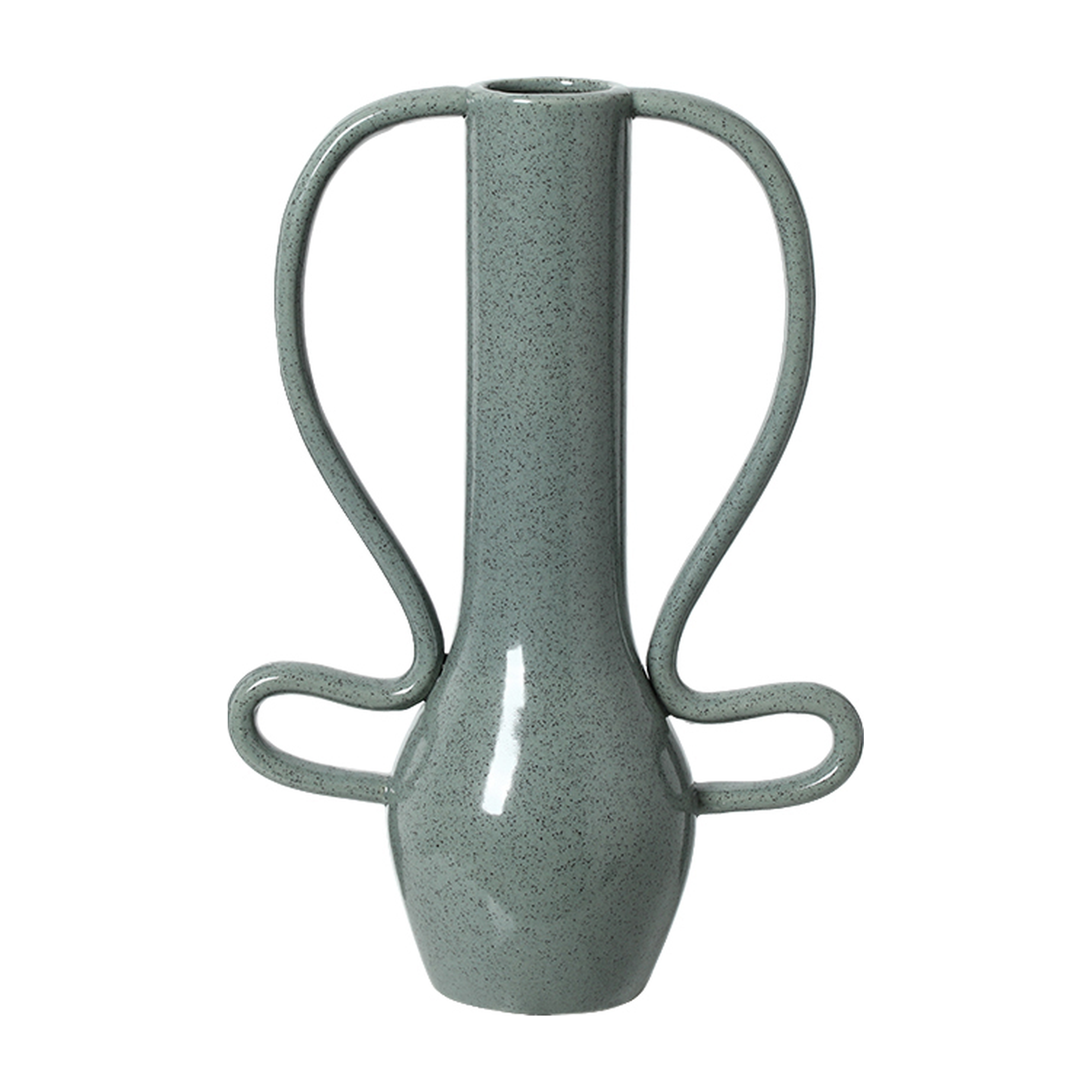 Jarrón decorativo de cerámica gris verdoso con textura moteada y asas curvadas, estilo moderno y