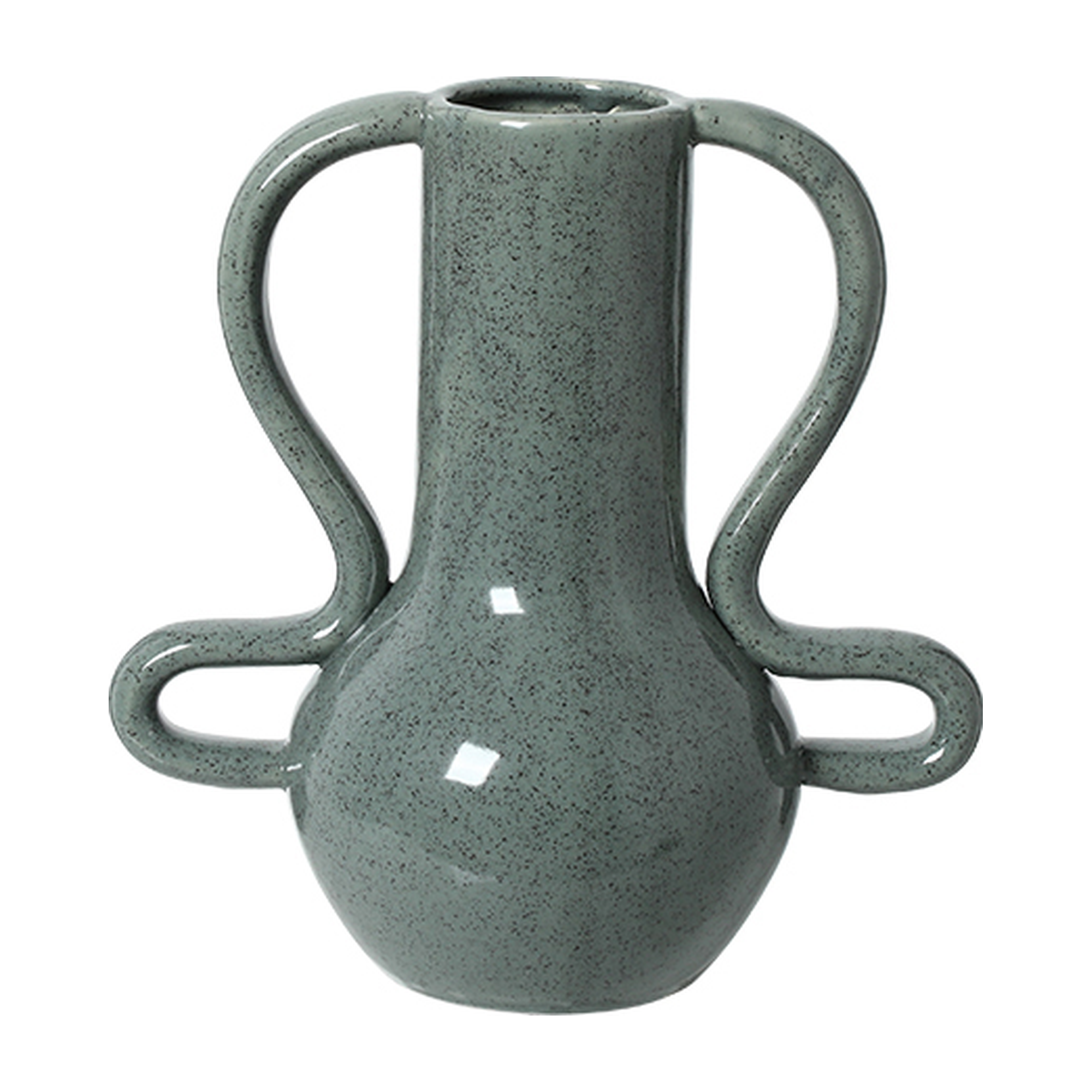 Jarrón decorativo de cerámica verde especkle de 25 cm con asas laterales curvas, ideal para