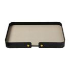 Bandeja decorativa rectangular negra de metal con base beige texturizada y remaches dorados de cuero