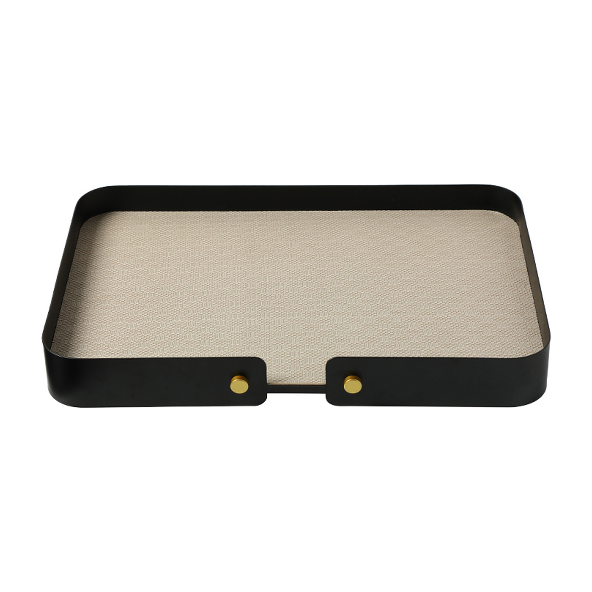 Bandeja decorativa rectangular negra de metal con base beige texturizada y remaches dorados de cuero