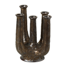 Jarrón de cerámica decorativo texturizado color bronce con cinco bocas tubulares, ideal para