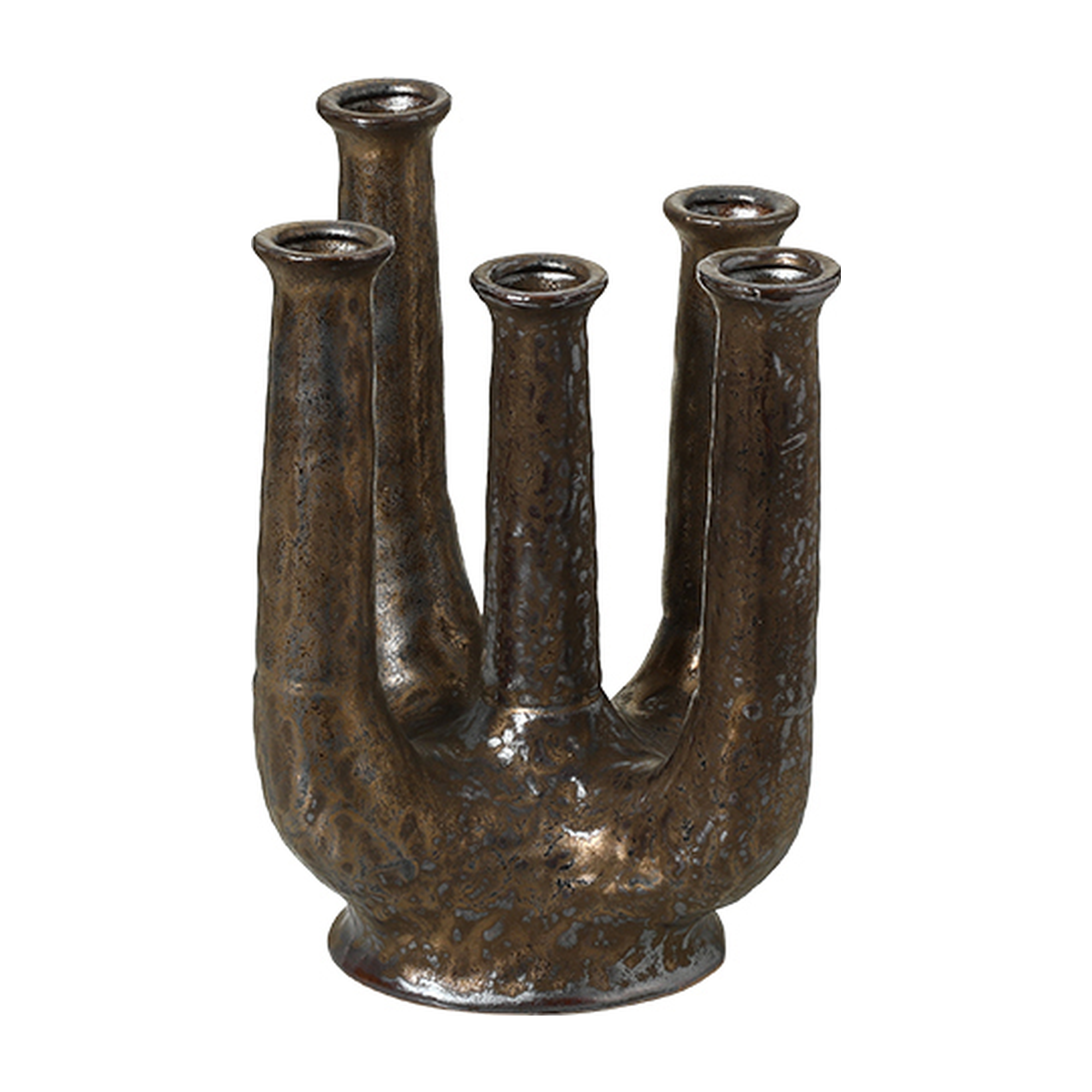 Jarrón de cerámica decorativo texturizado color bronce con cinco bocas tubulares, ideal para