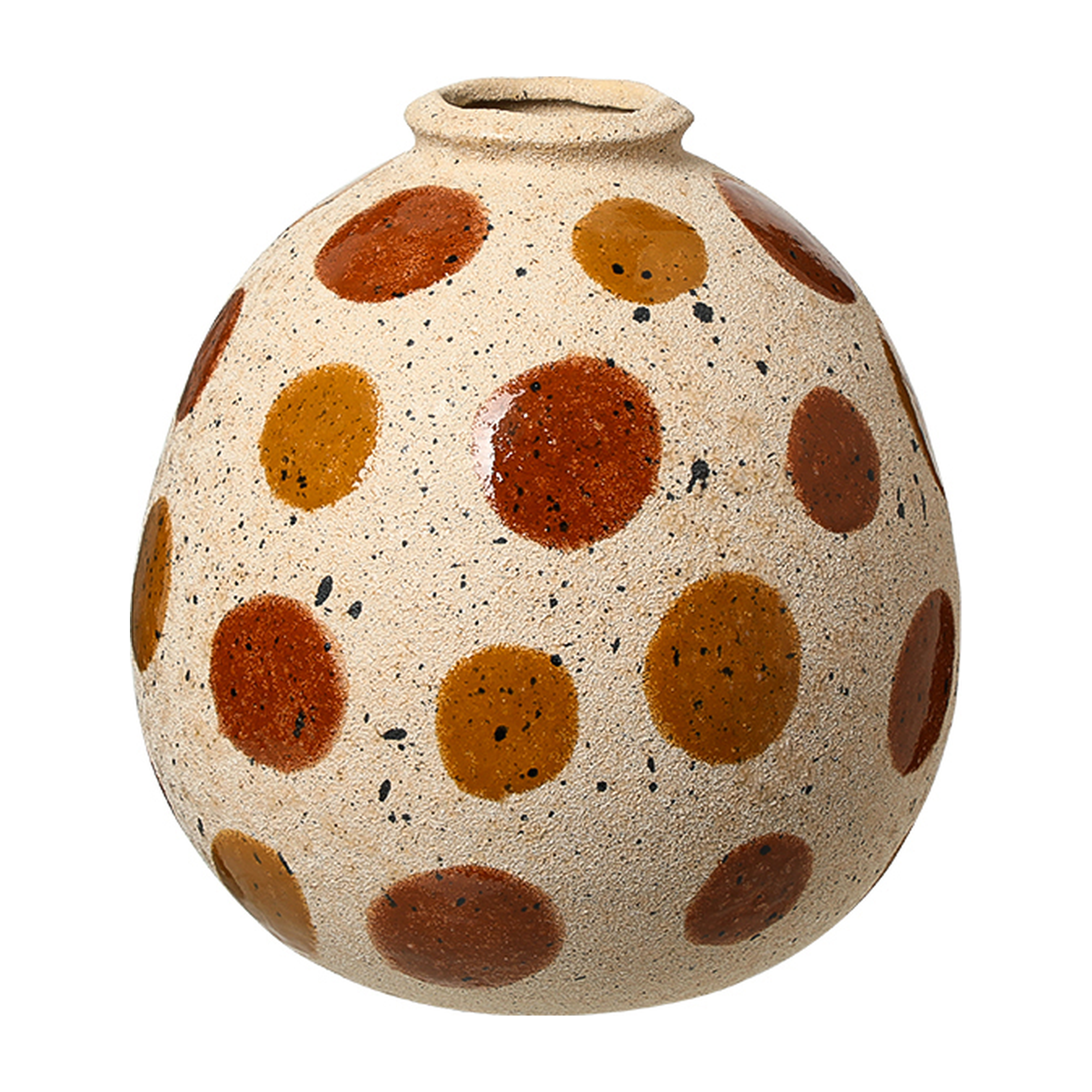 Jarrón decorativo de cerámica de 25 cm, estilo rústico, con lunares en tonos marrones y ocre, y