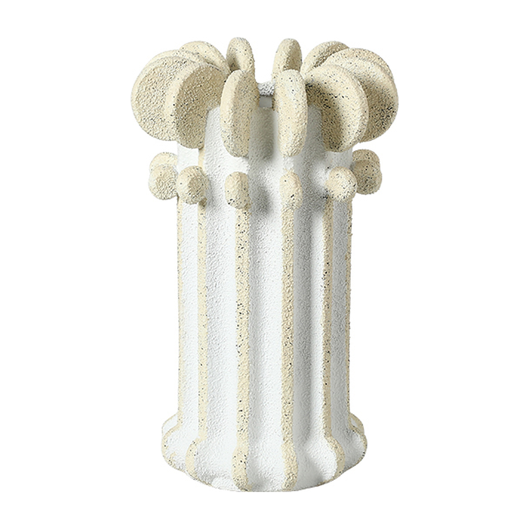 Jarrón decorativo de cerámica texturizada en tonos blanco y beige, diseño vertical con detalles