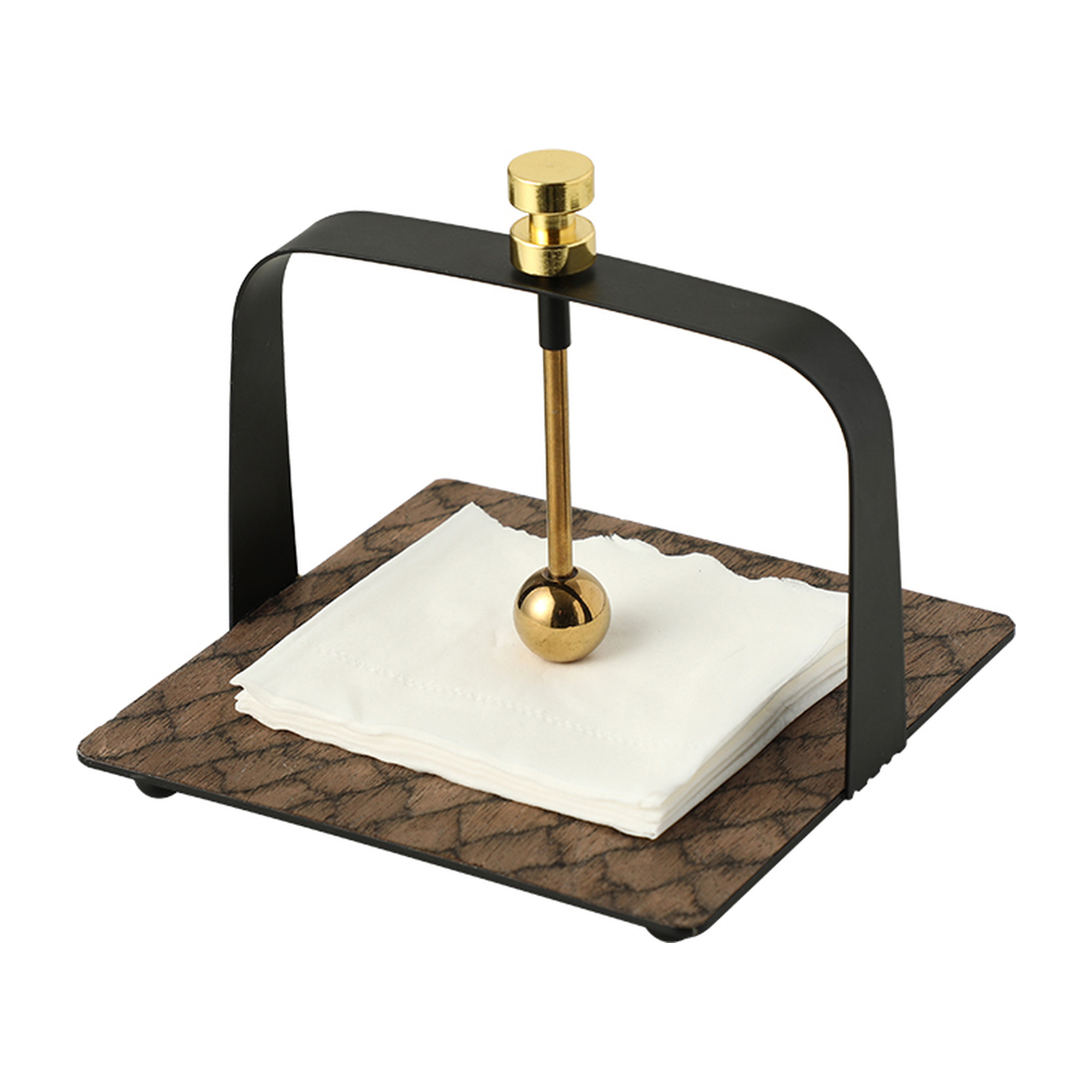 Servilletero decorativo de lujo en metal negro y madera con patrón, incluye peso dorado brillante