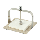 Servilletero moderno de lujo con base de madera veteada y estructura en acero inoxidable pulido