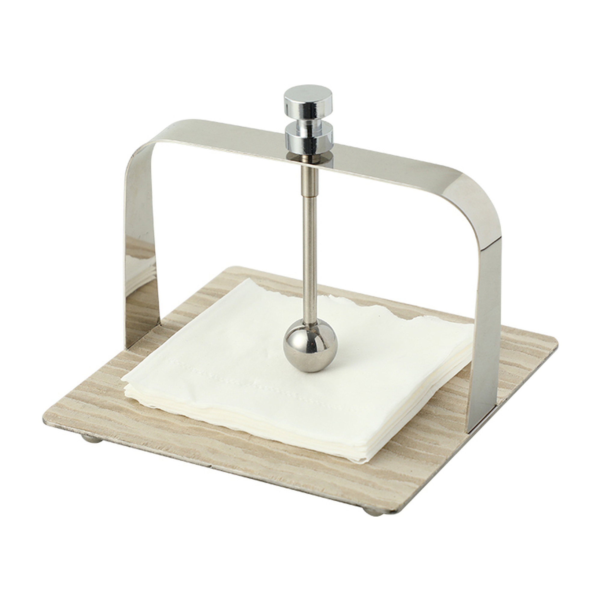 Servilletero moderno de lujo con base de madera veteada y estructura en acero inoxidable pulido
