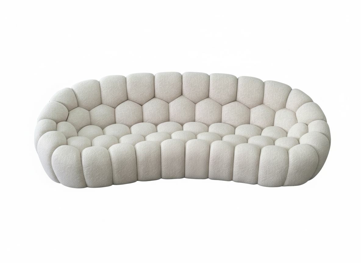 Sofá curvo moderno de 3 plazas con diseño de burbujas en tejido texturizado color crema sobre fondo blanco