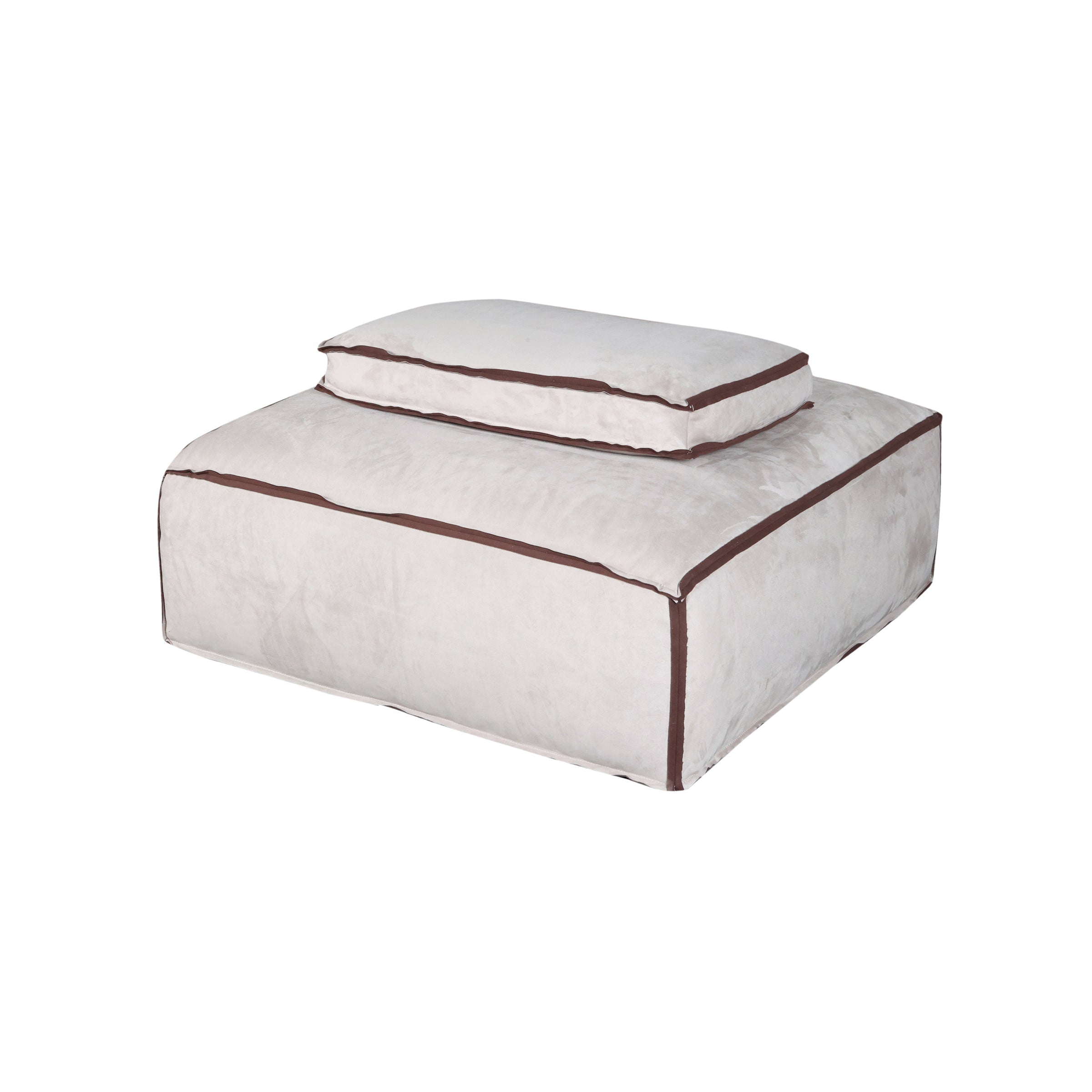 Puff cúbico beige con borde marrón acolchado - Vilá Decoración - Muebles y decoración en Medellín y Colombia