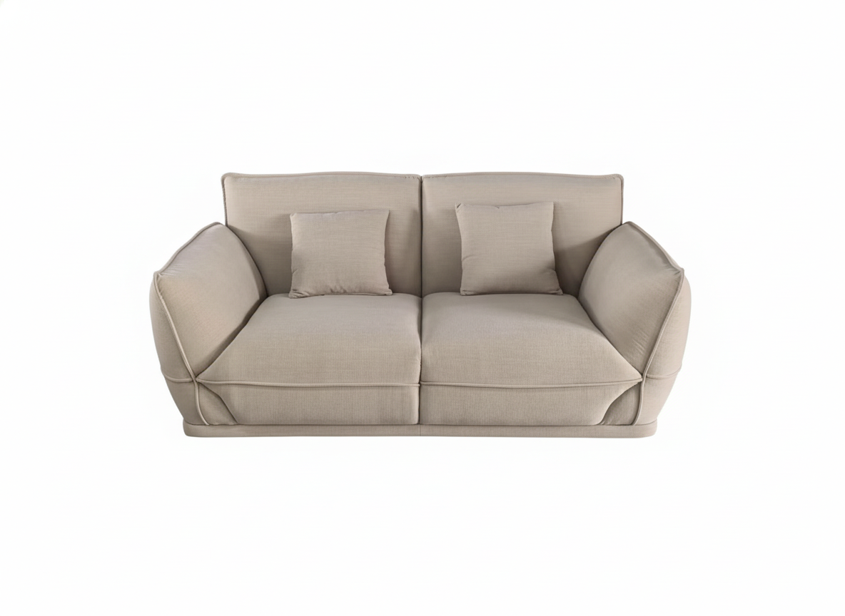 Sofá 2 puestos moderno color beige claro con cojines a juego, diseño contemporáneo para sala