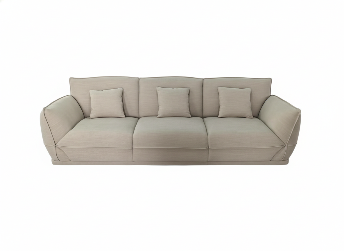 Sofá beige moderno de 3 puestos con cojines, ideal para sala de estar