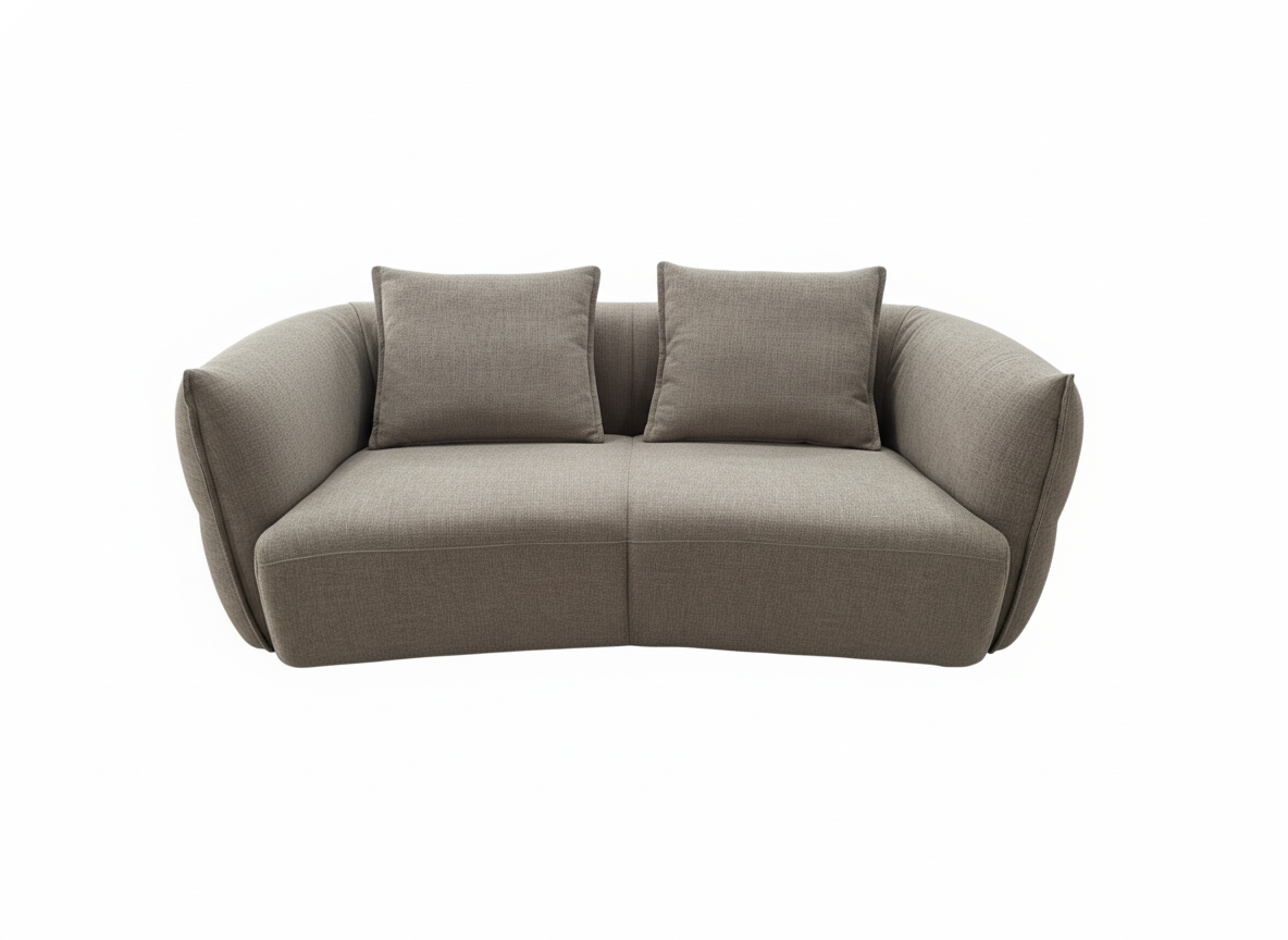 Sofá moderno de 2 plazas tapizado en tela gris con diseño curvo y dos cojines a juego