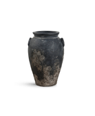 Matero ánfora de terracota oscura envejecida con asas, ideal para decoración de jardines y terrazas de lujo.