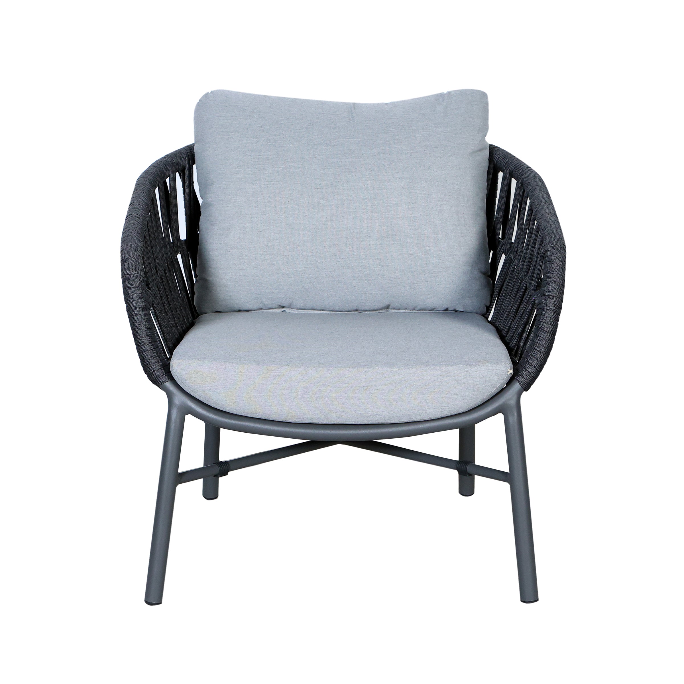 Silla de exterior gris oscuro con cojines azul claro - Vilá Decoración - Muebles y decoración en Medellín y Colombia