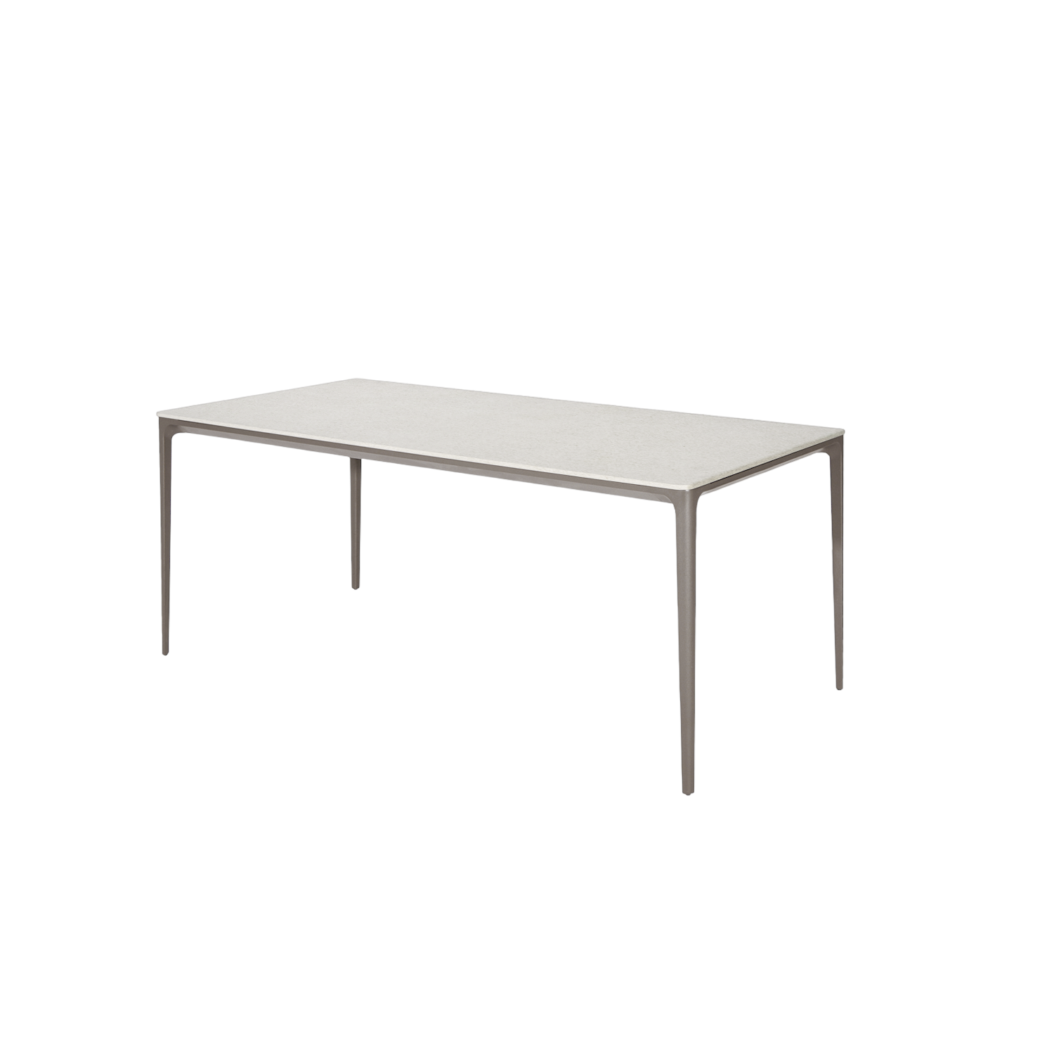 Mesa de comedor Vilá Decoración con superficie de piedra sinterizada y estructura de aluminio color gris.