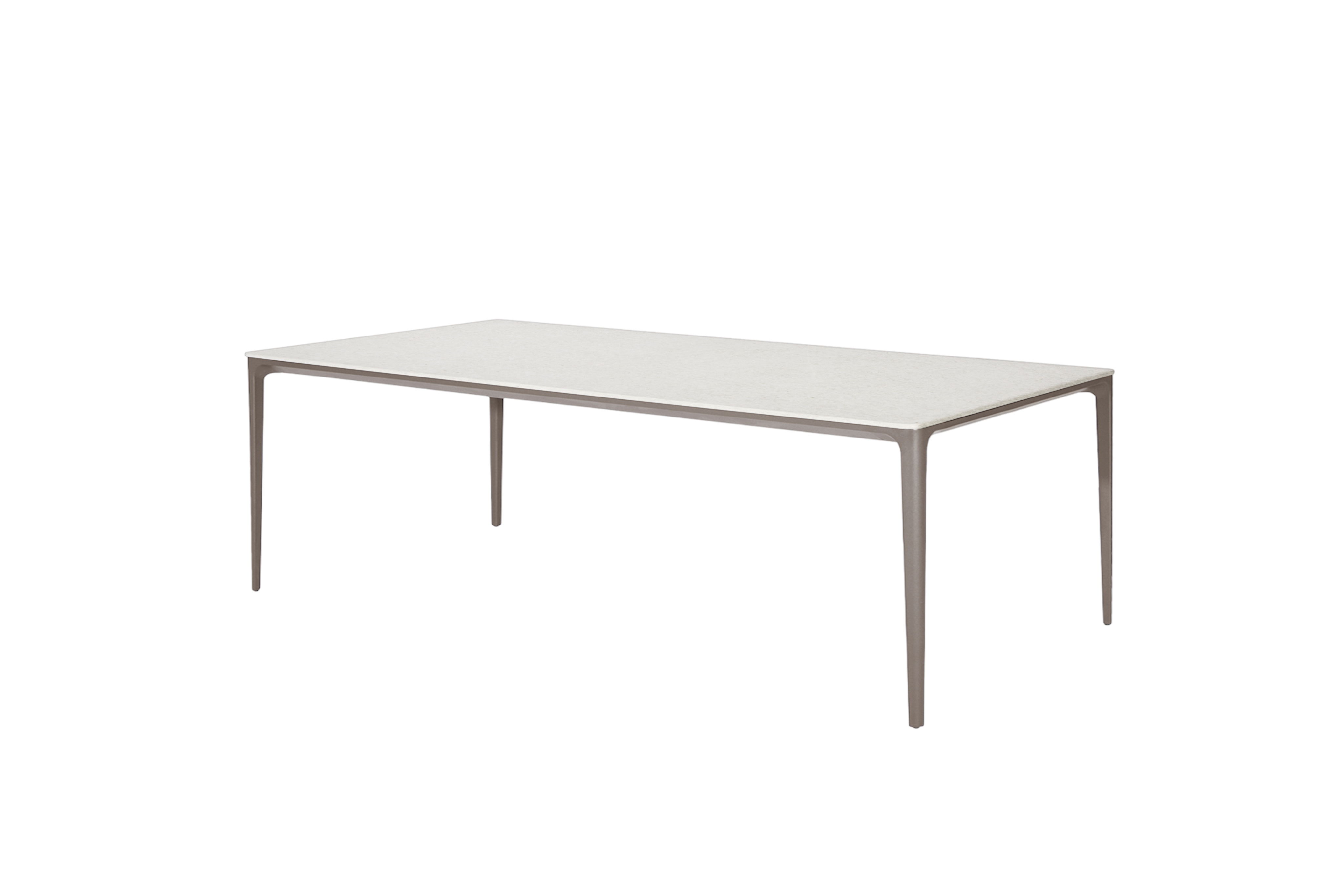 Mesa de comedor Vilá Decoración con tapa de piedra sinterizada y estructura de aluminio en color gris claro.