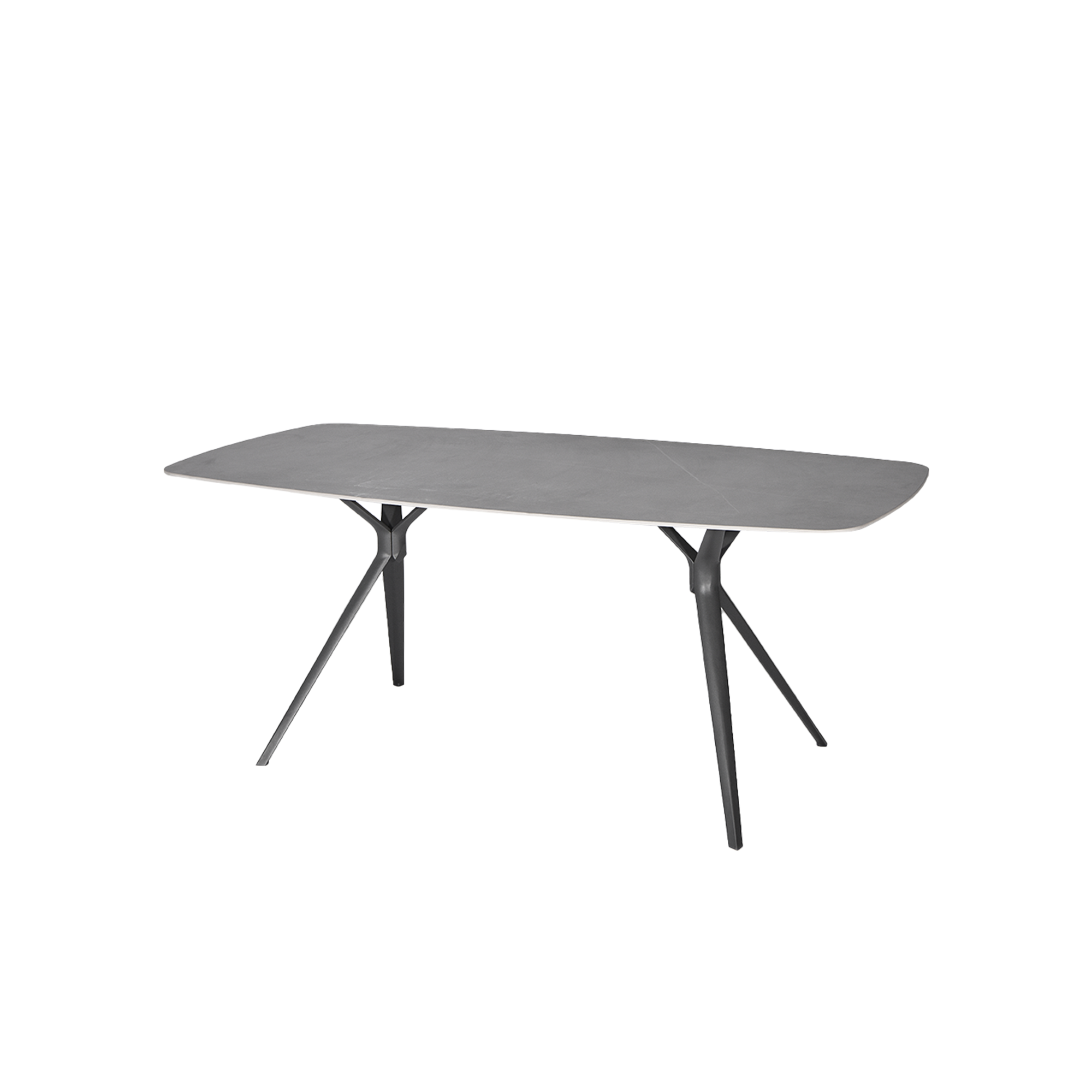 Mesa de comedor Vilá Decoración con tablero de piedra sinterizada gris y base de aluminio.