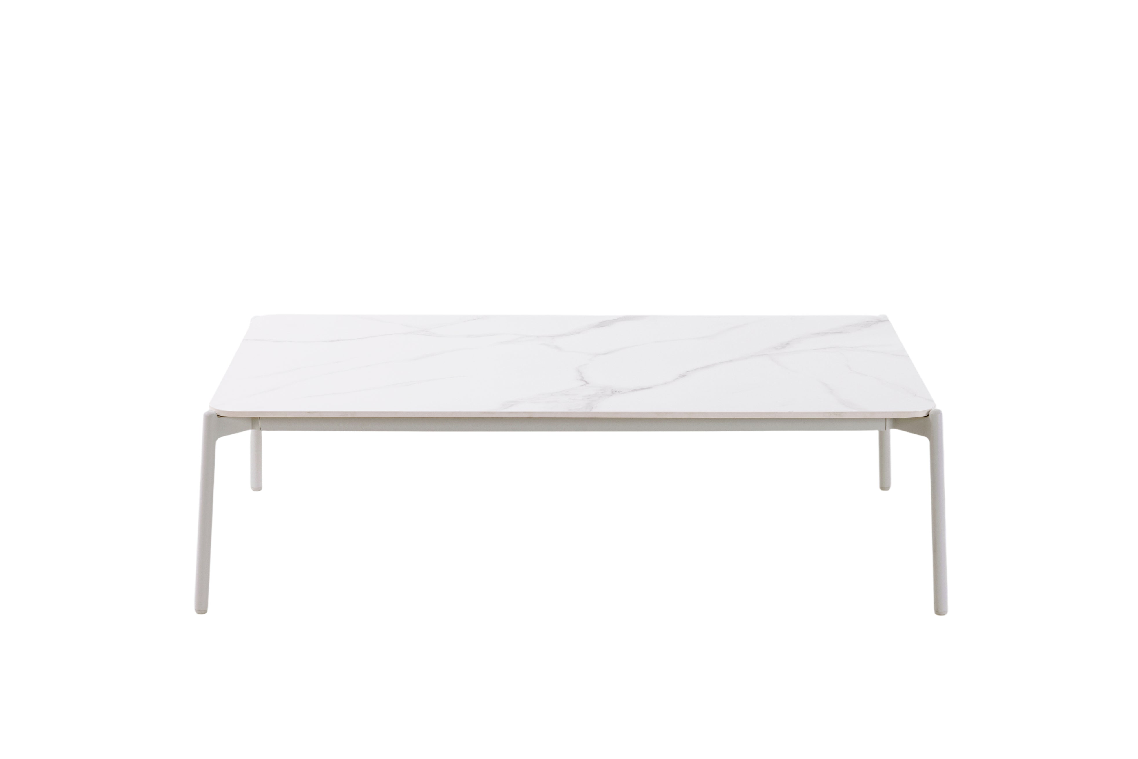 Mesa de centro cuadrada Vilá Decoración con superficie de piedra sinterizada blanca veteada y estructura de aluminio.