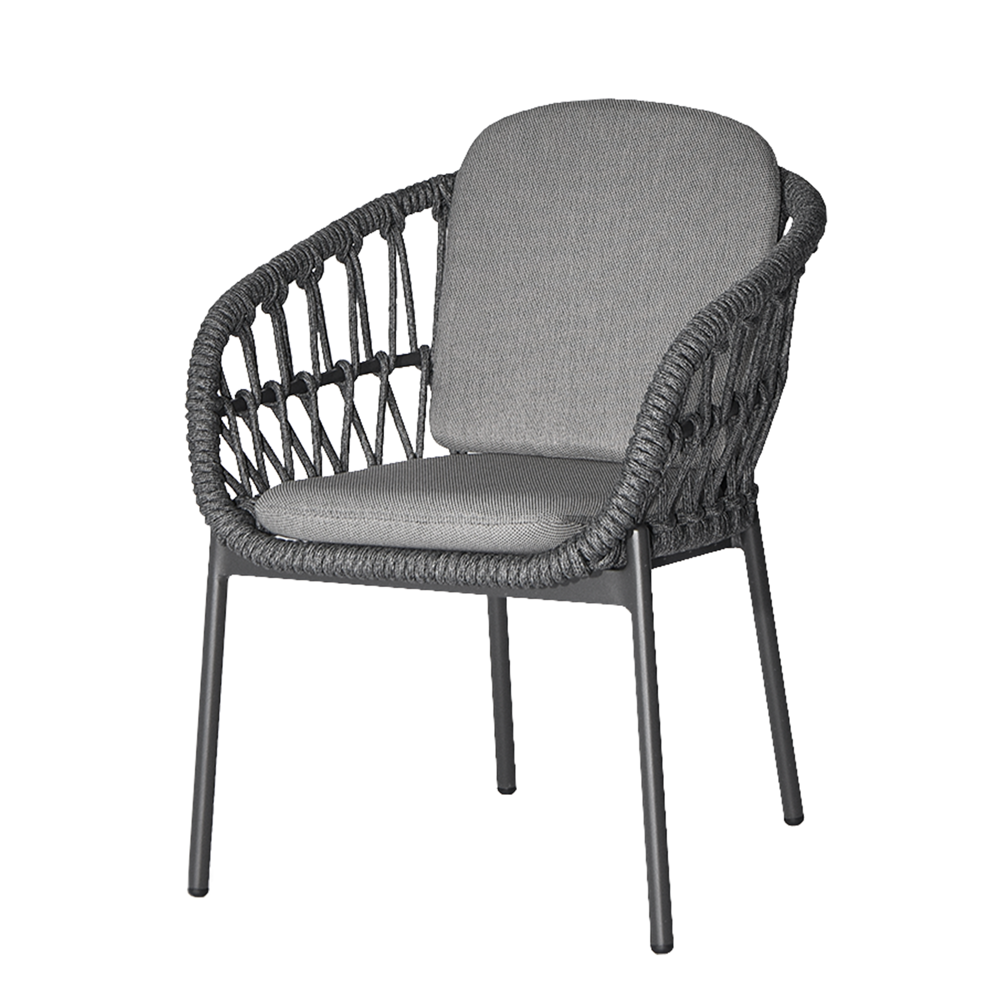 Silla gris de Vilá Decoración con estructura de aluminio y detalles en cuerda acrílica.