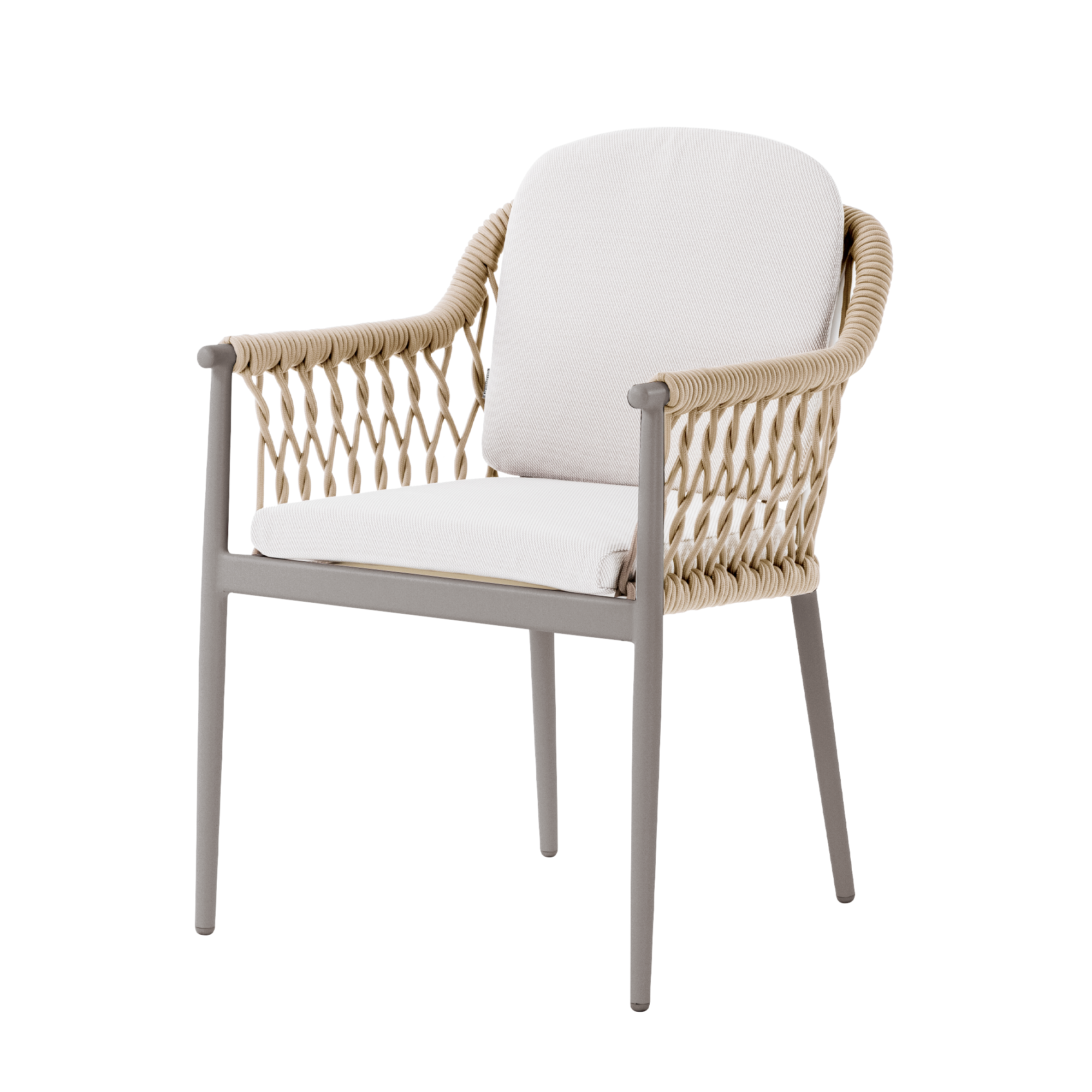 Silla de Vilá Decoración con estructura de aluminio color gris y detalles en cuerda acrílica color beige, con cojines blancos.