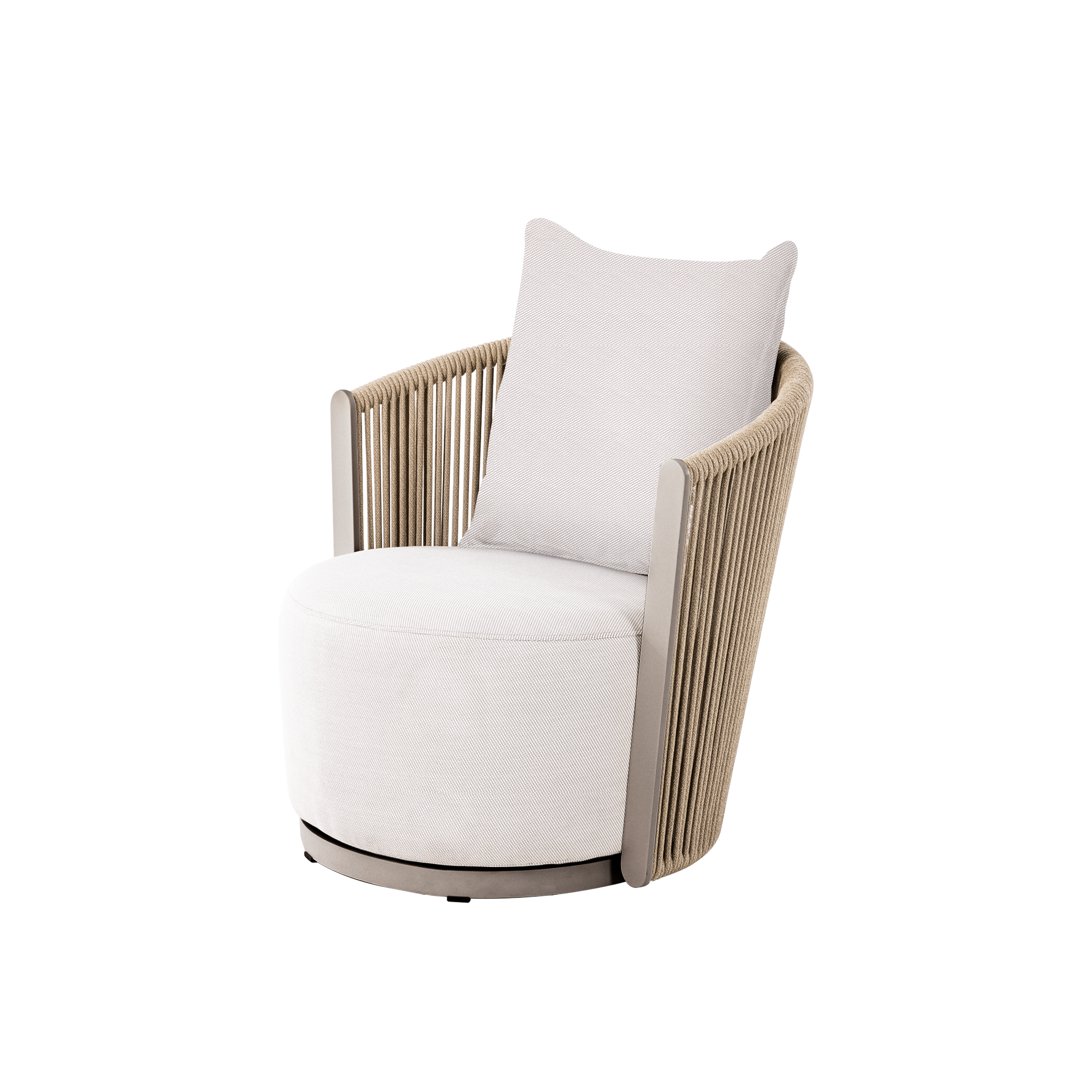 Sillón Vilá Decoración color crema con estructura de aluminio y detalles en cuerda acrílica.