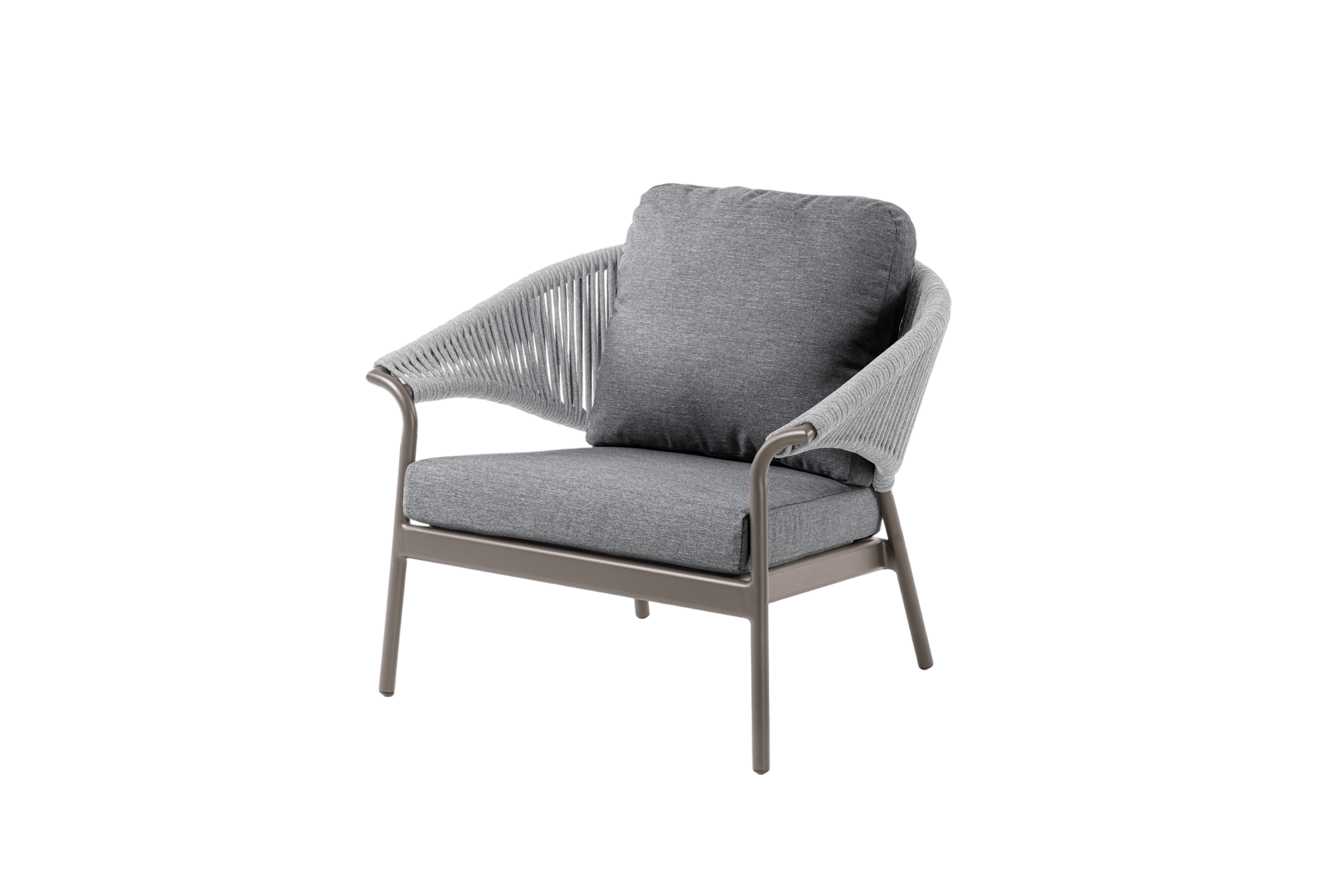 Silla Vilá Decoración color gris con estructura de aluminio y detalles en cuerda acrílica.