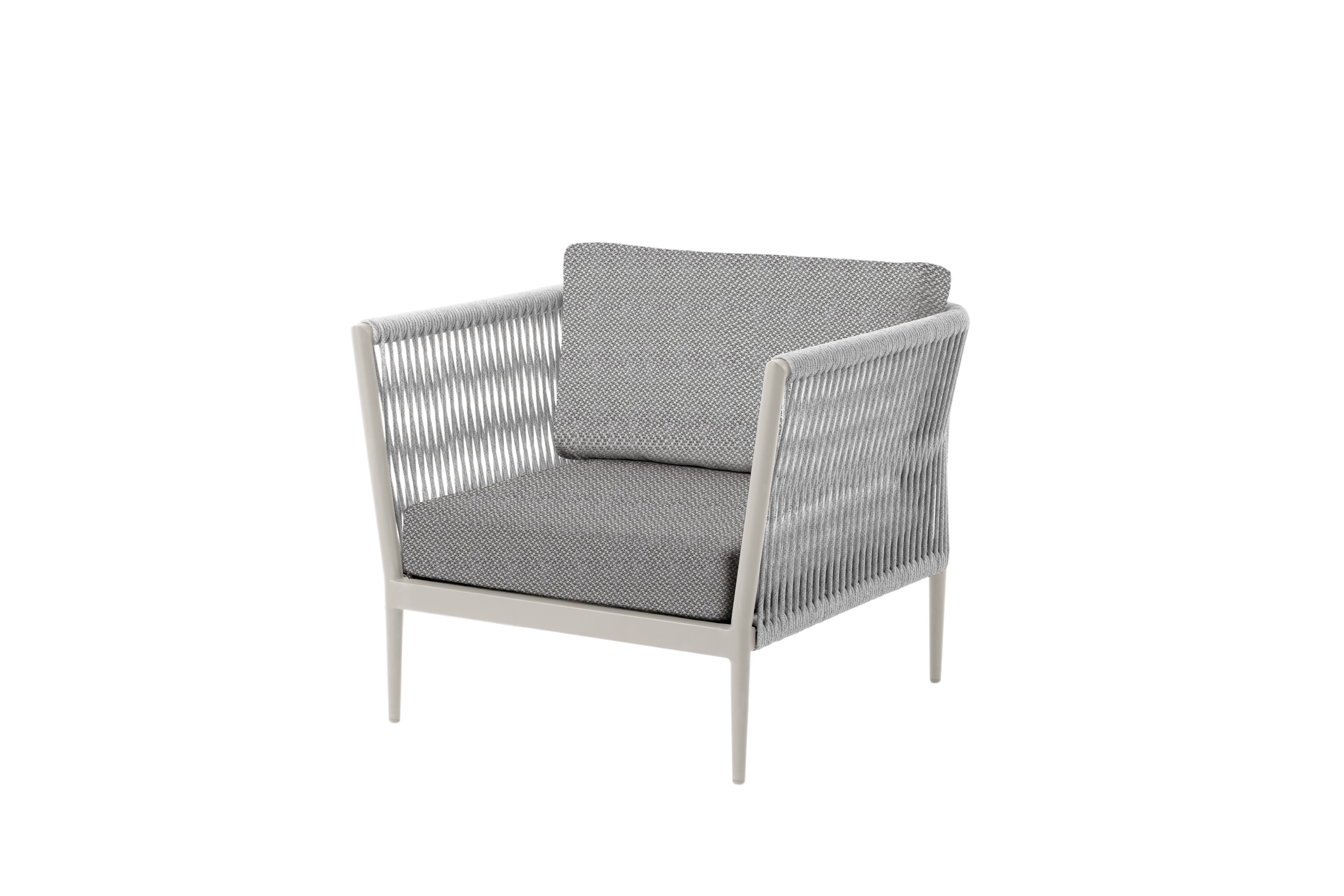 Poltrona Vilá Decoración con estructura de aluminio y detalles en cuerda acrílica gris, cojines con patrón geométrico.