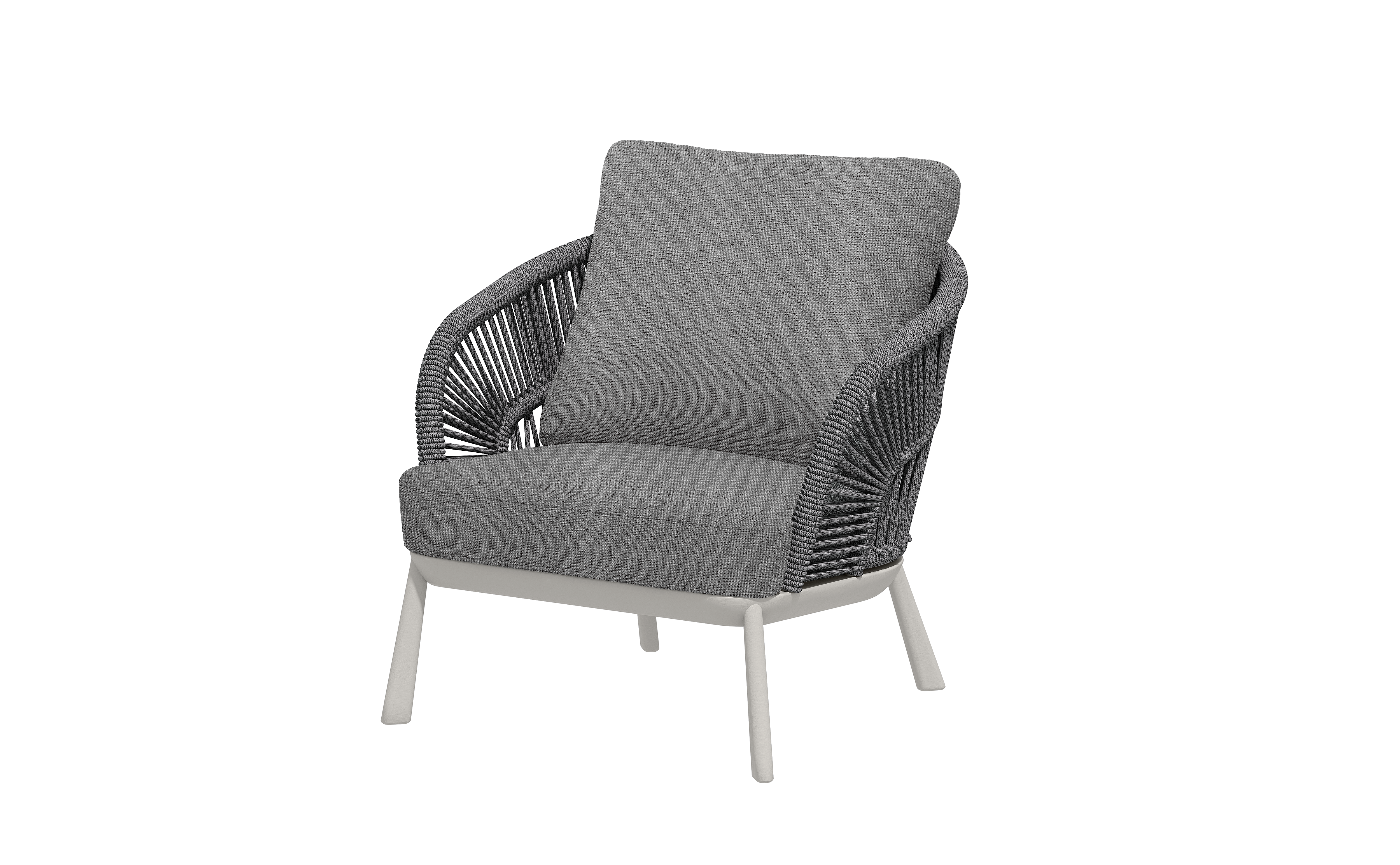 Sillón gris de Vilá Decoración con estructura de aluminio y detalles en cuerda acrílica.