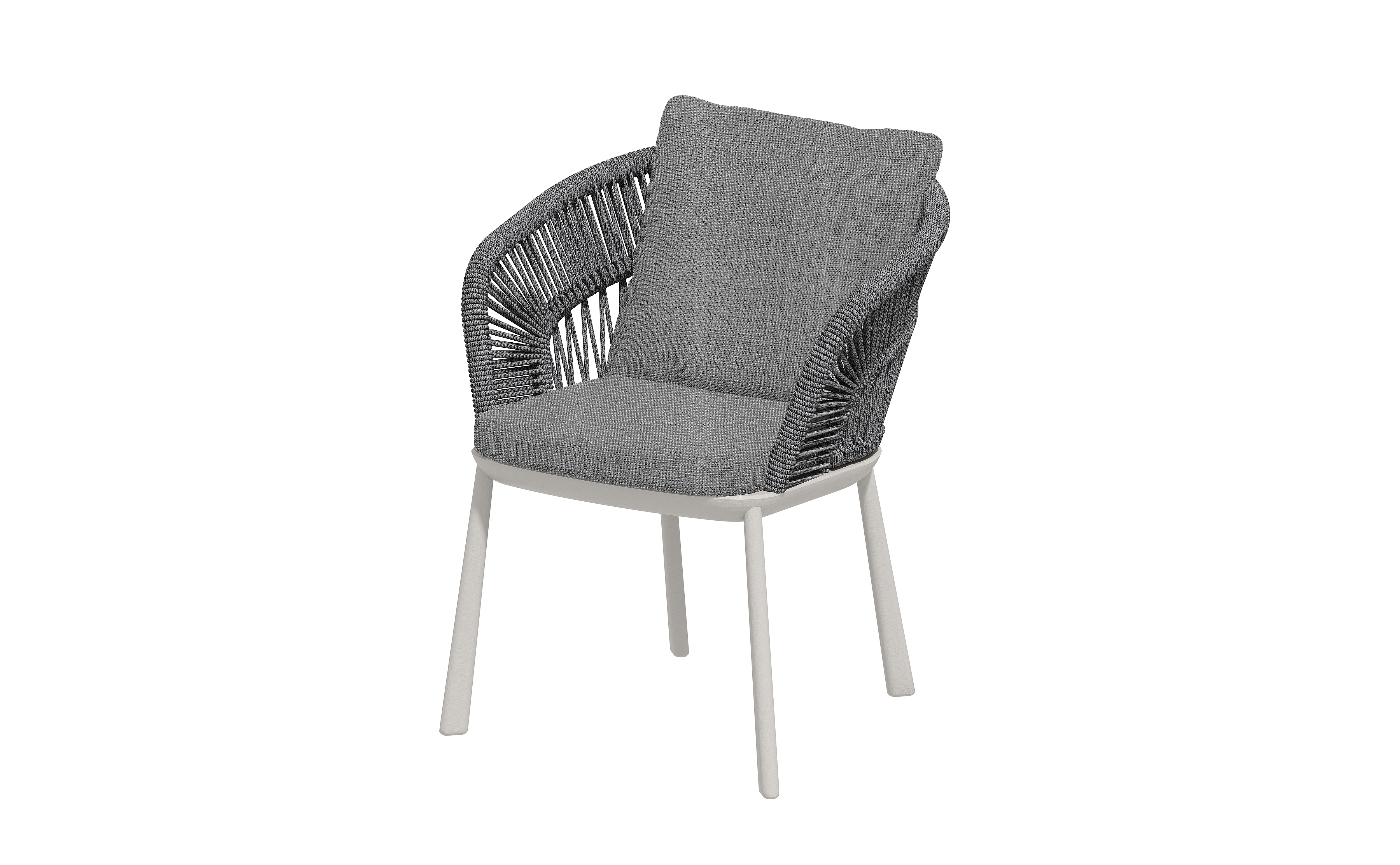 Silla gris de Vilá Decoración con estructura de aluminio y detalles en cuerda acrílica.