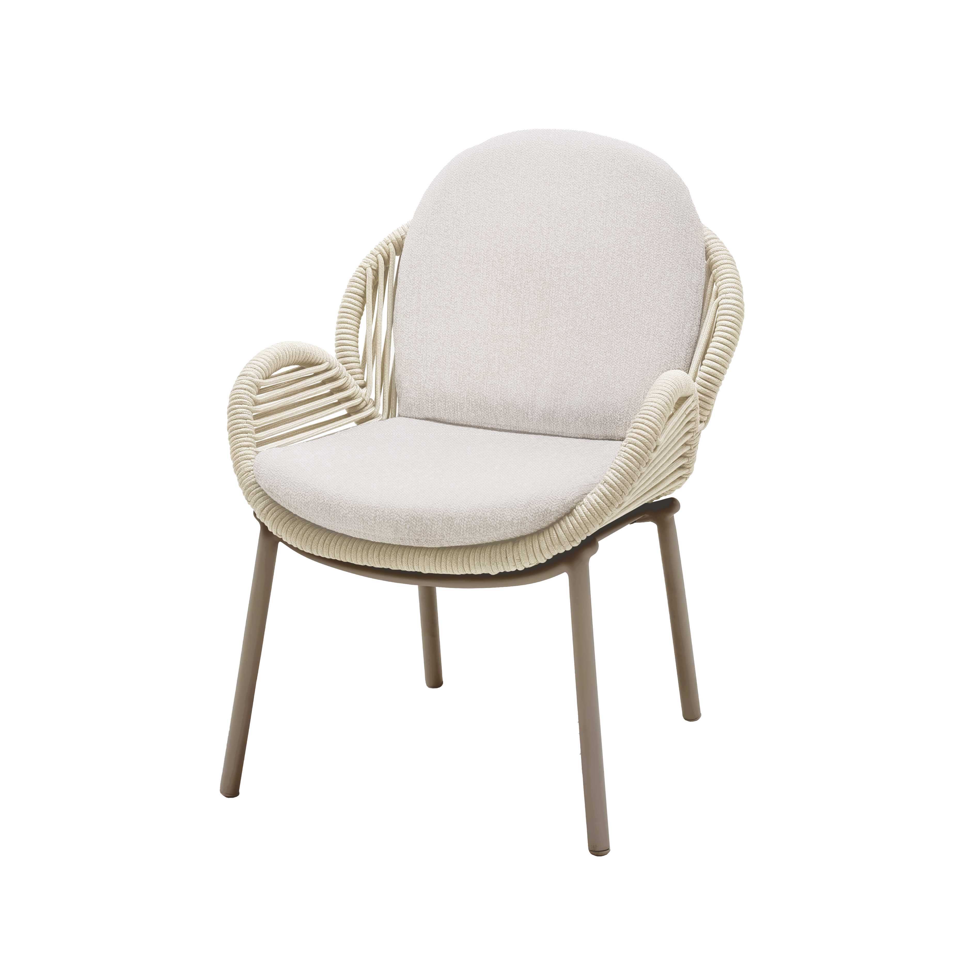 Silla de Vilá Decoración con estructura de aluminio y detalles en cuerda acrílica color crema.